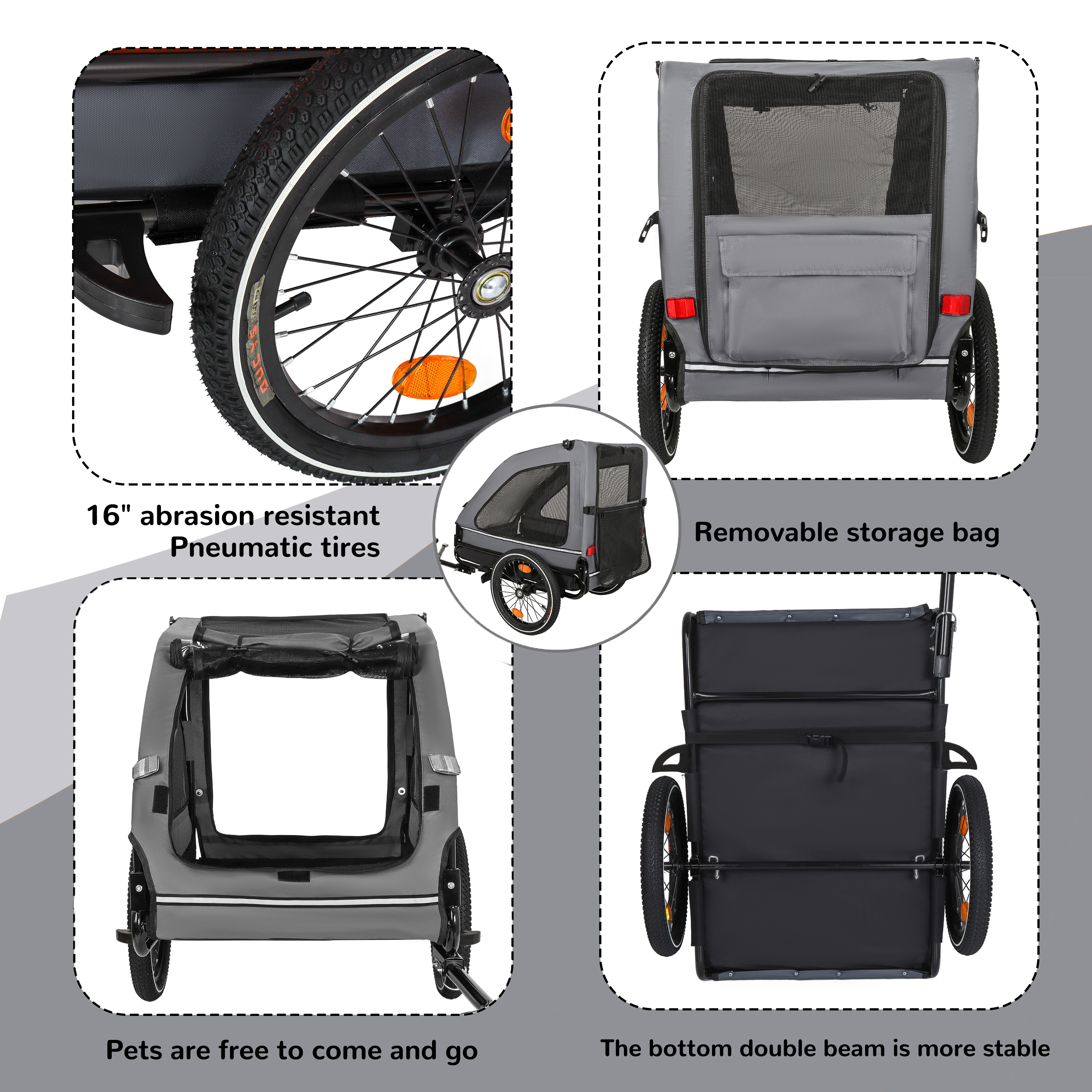 Pet Bike Trailer Dog Cart For Bicycle, Suitable For Small And Medium Pets, Easy Folding Cart Frame, Quick Release Wheel, Non-Slip Floor, Internal Leash, Black Grey — imagen 2