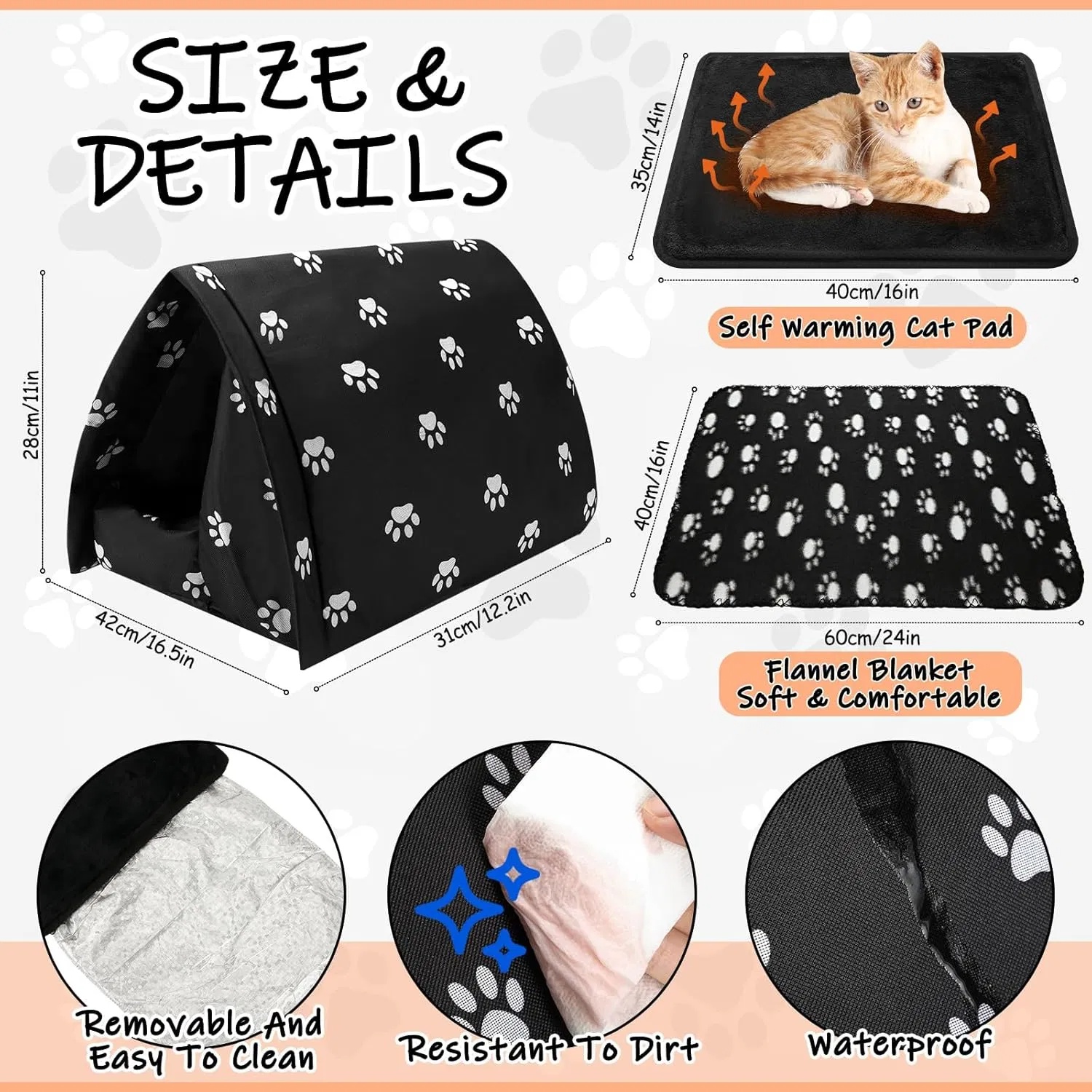 Casa de invierno para gatos al aire libre con manta auto-calorizante 17'' x 12'' Impermeable plegable refugio para gatos ferales perros cachorros animales salvajes hogar interior — imagen 5