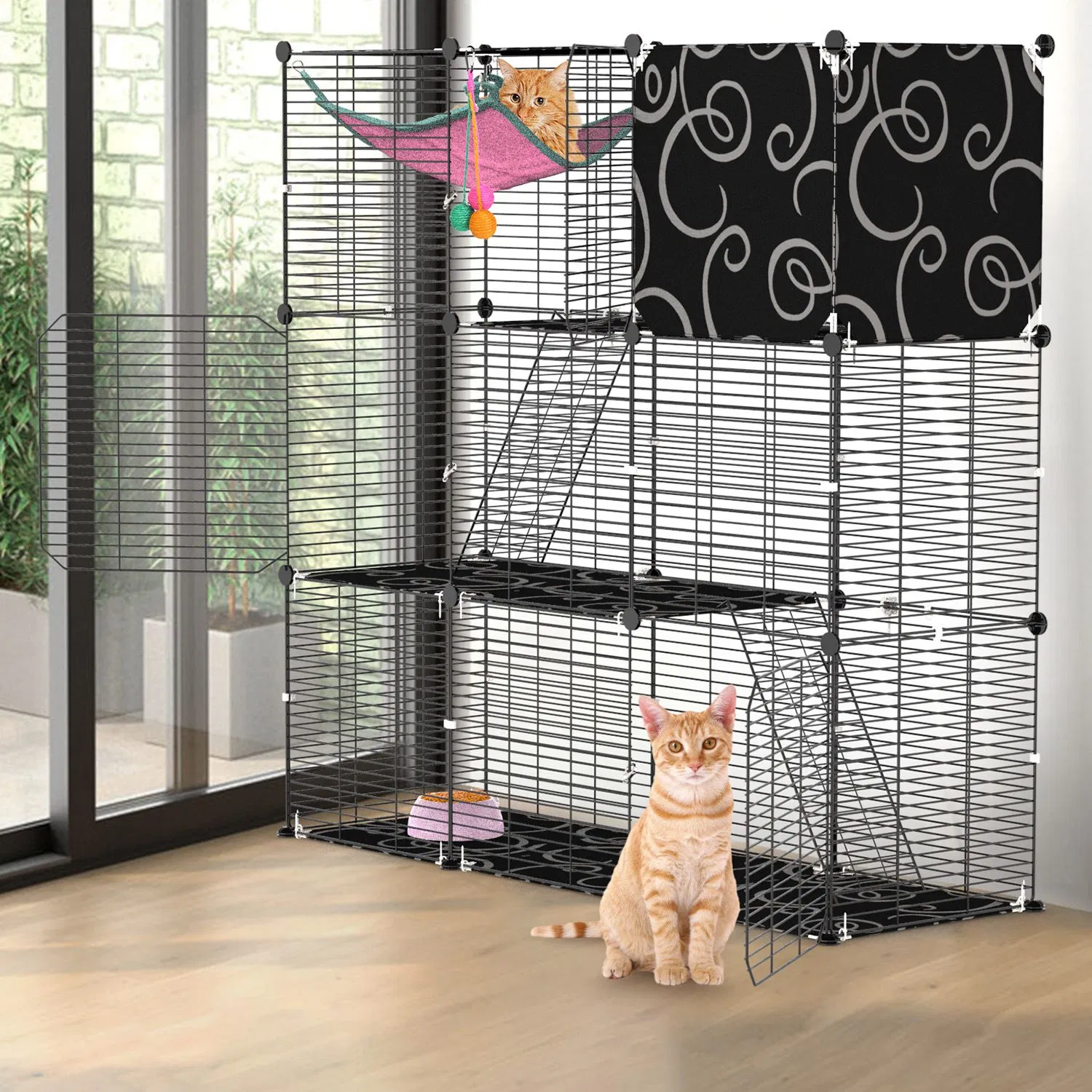 3-Level Metal Cat Cage Enclosure, Modular Pet Habitat with 3 Doors, 2 Ladders, Plush Hammock and Toy Ball for Small Indoor Animals — image 3