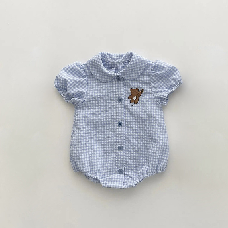 Baby Campus Bear Embroidery Round Neck Plaid Romper — image 8