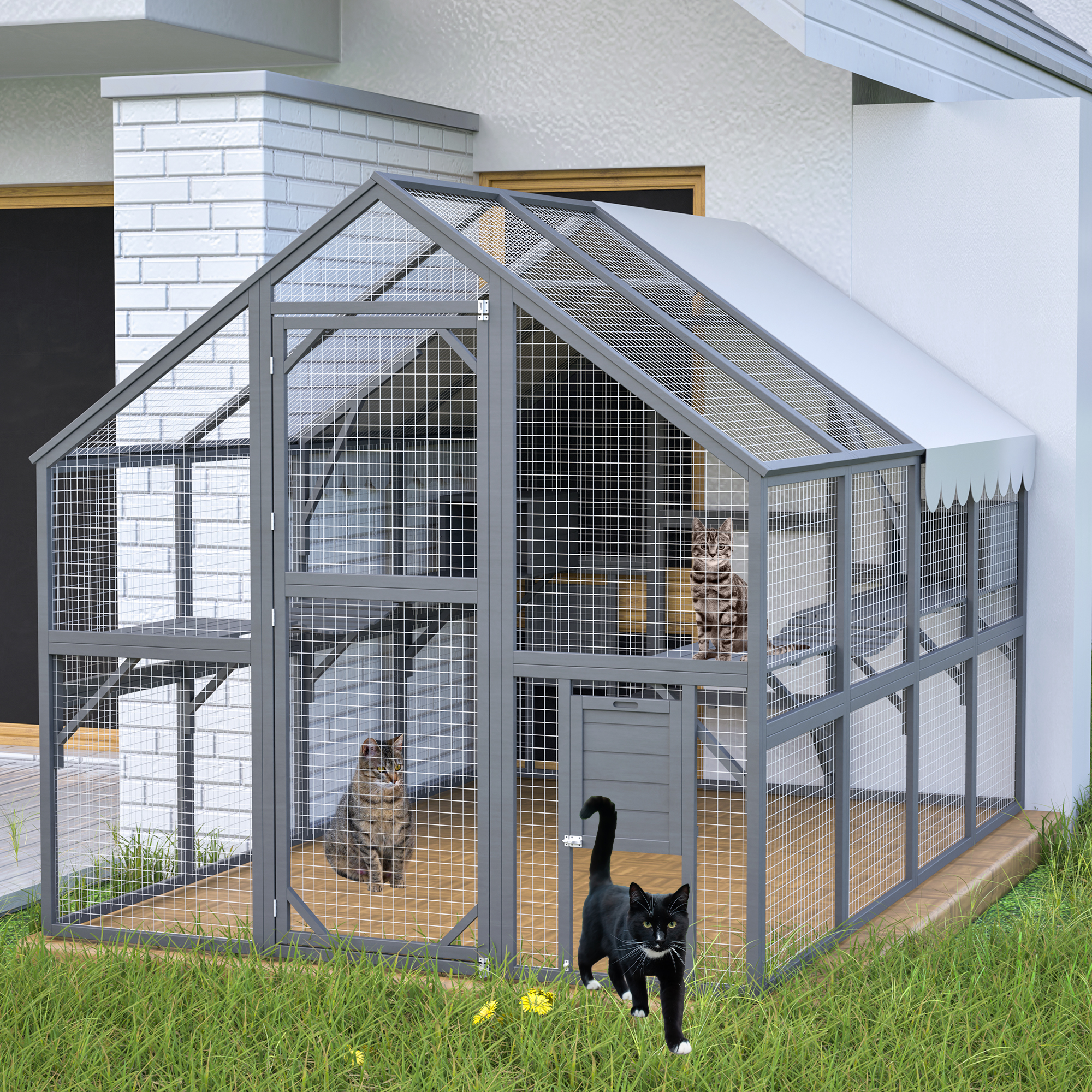 Extra Spacious Catio Outdoor Cat Haven, 110 Inch Luxury Cattery With Weather-Resistant Roof, Cat Climbing Ramp, Space Pod Bed, 2 Lounging Huts — image 1
