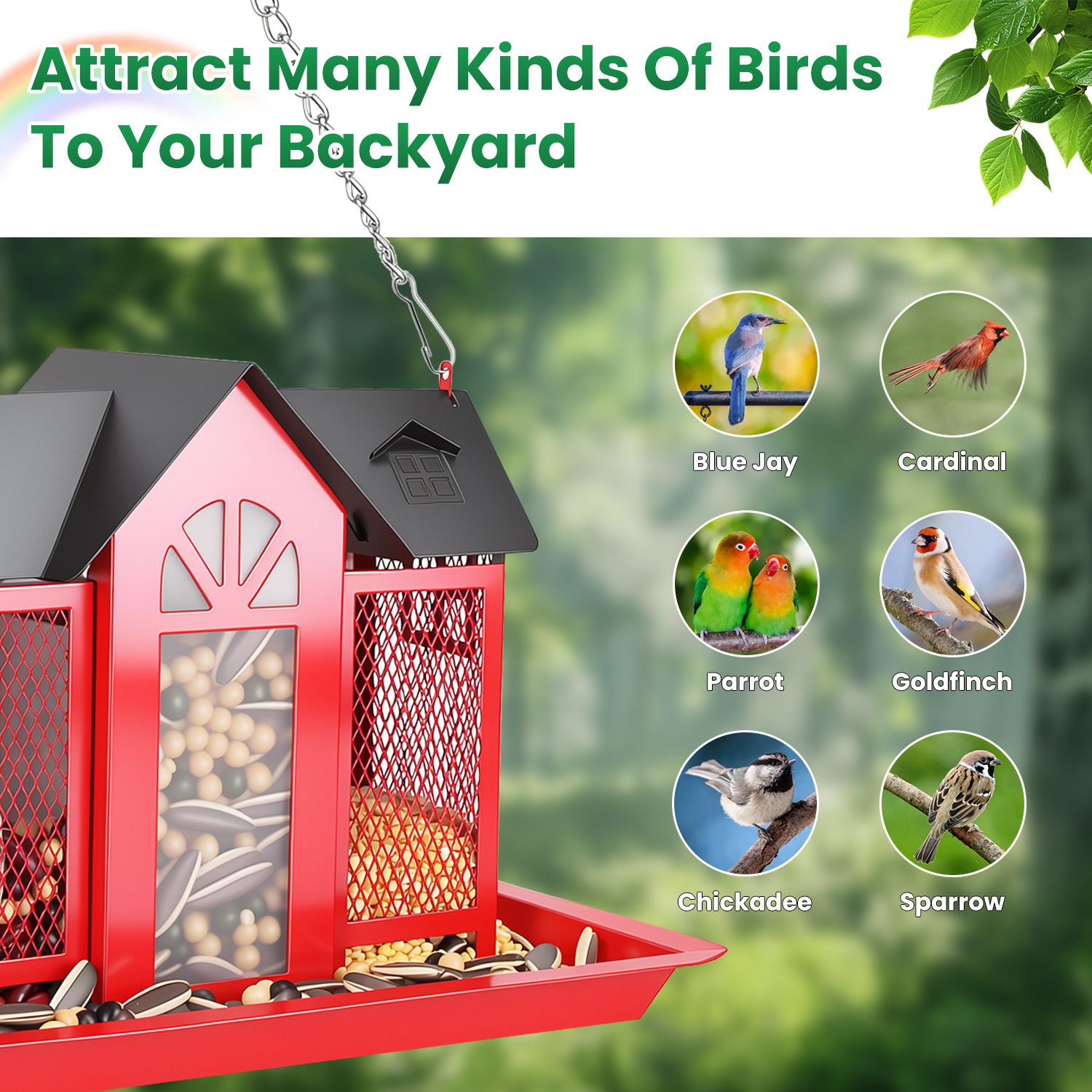 Casa de Comida para Pájaros Colgante Clásico Estilo Granja con Ventana Visible y Tapete Superior de 15,75 Pulgadas — imagen 11
