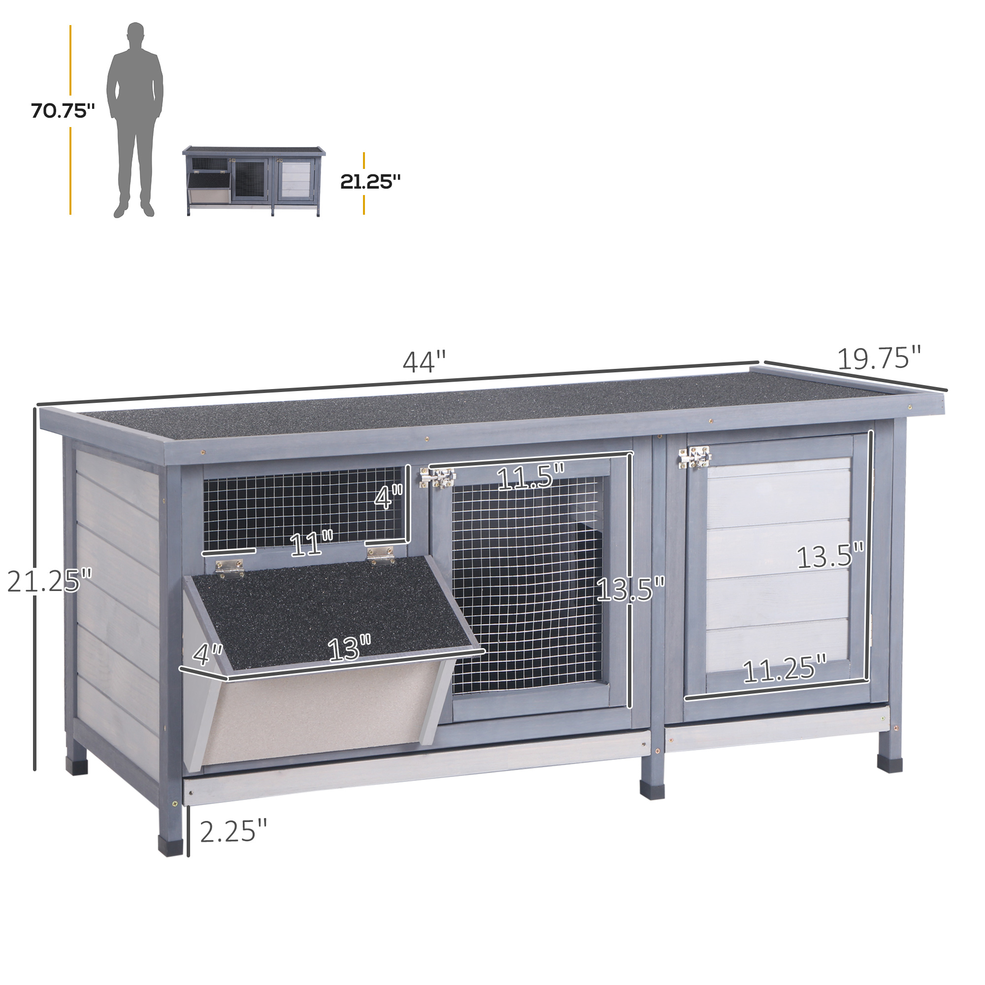 Wooden Rabbit Hutch Bunny Hutch Cage Guinea Pig With Waterproof Roof, No Leak Tray And Feeding Trough, For Rabbits, Chickens, Ducks, Indoor/Outdoor, Gray — imagen 3