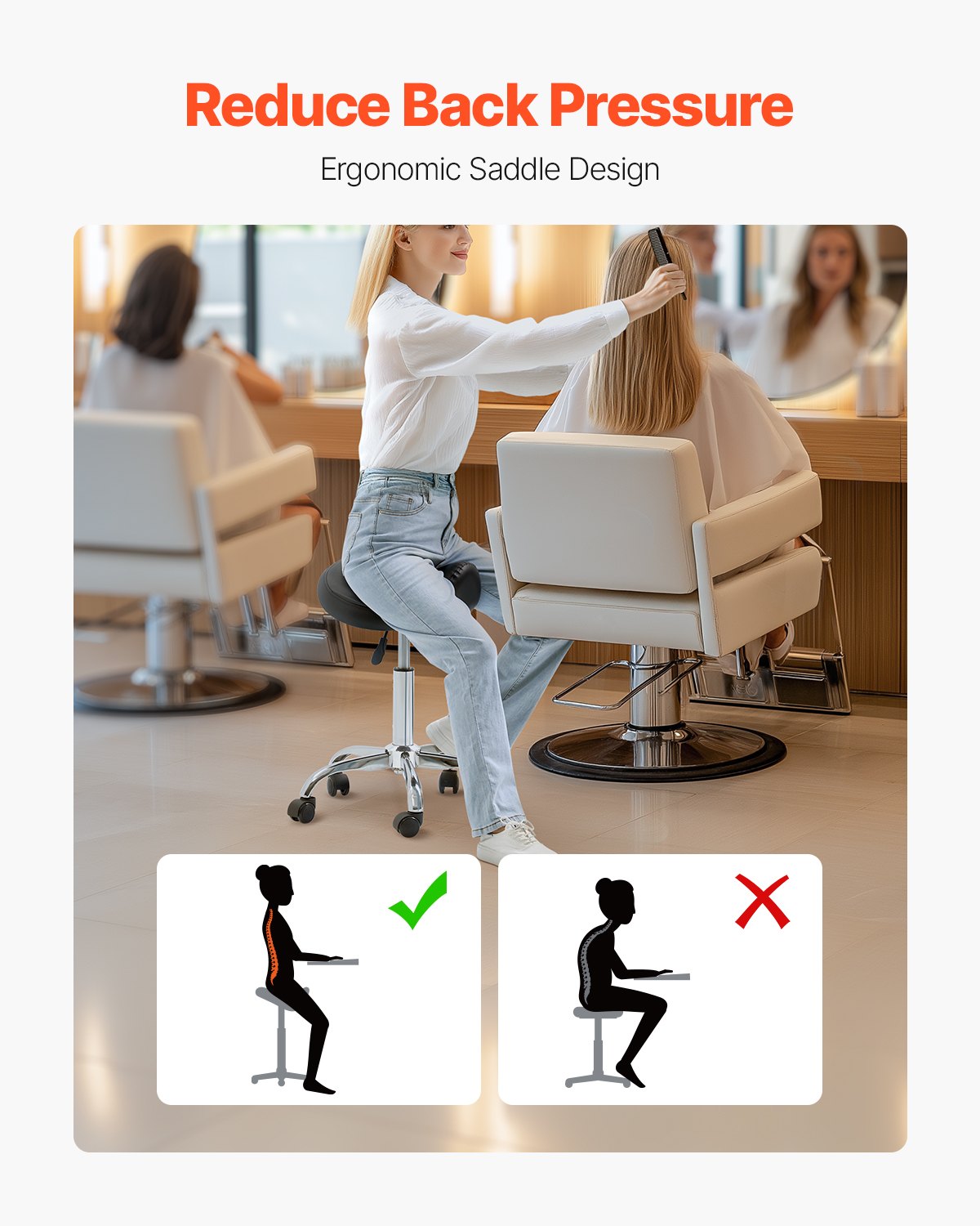 Saddle Stool With Wheels, 450 LBS Weight Capacity Ergonomic Rolling Stool, Height Adjustable Thickened PU Leather Swivel Saddle Chair For Salon, Spa, Massage, Tattoo, Clinic, Black — image 2