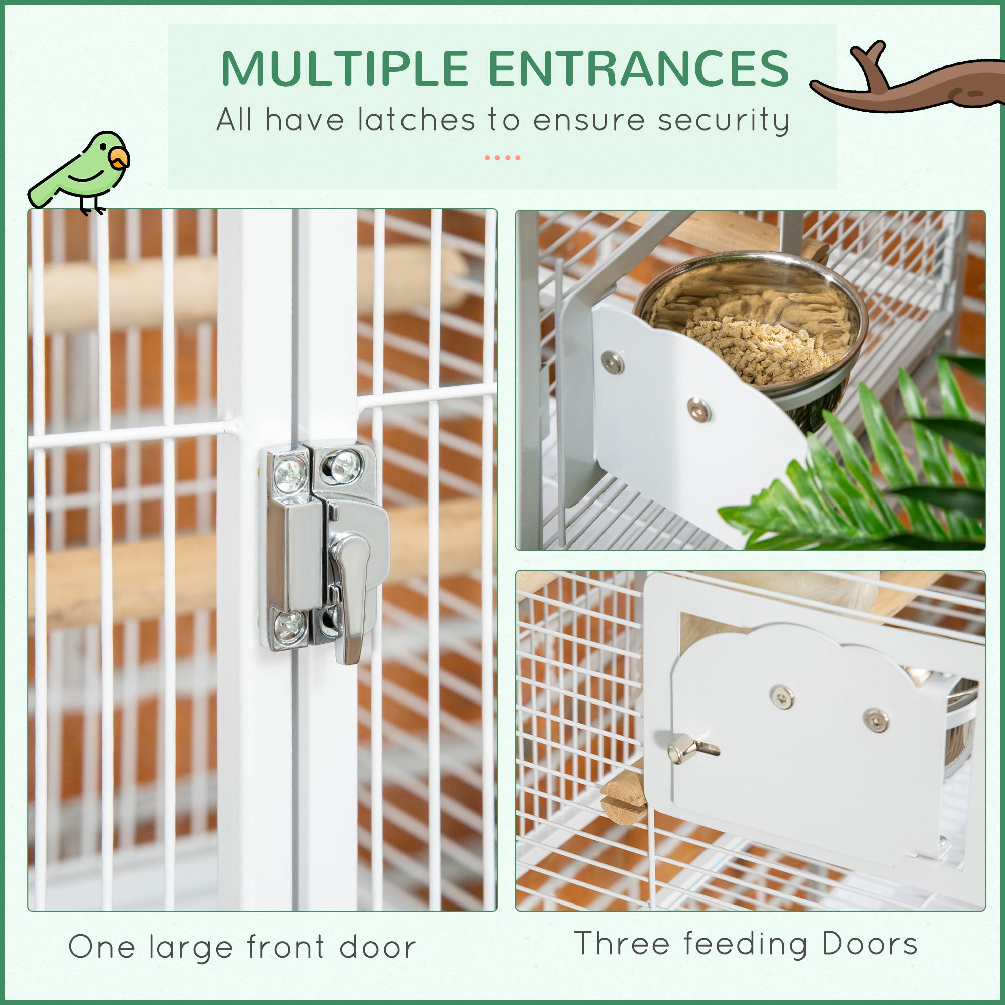 Jaula Grande para Loros de 55" con Ganchos para Juguetes sobre la Percha Superior, Bandeja, Comederos y Base con Ruedas, Jaula para Cacatúas, Periquitos y Agapornis — imagen 7