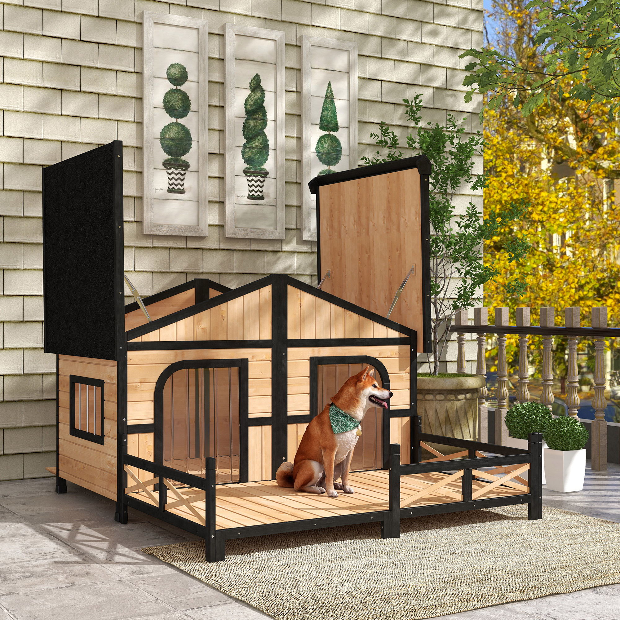 Casa para Perro Grande de Madera 59x64x39, Elevada y Resistente a la Intemperie, Estilo Cabaña Rústica, Refugio para Mascotas Elevado con Terraza, Natural — imagen 4