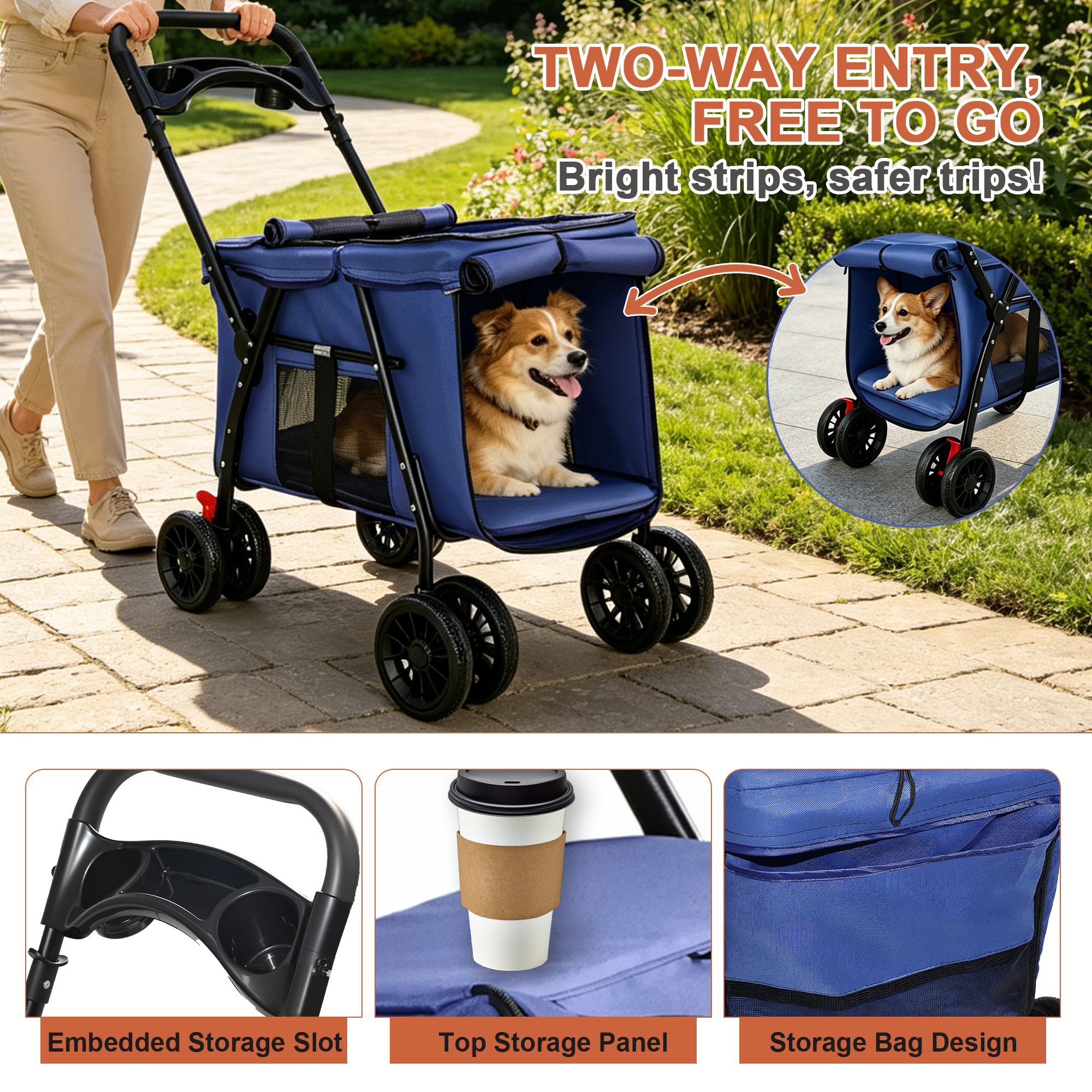 Pet Stroller, Foldable 4-Wheel Design, Breathable Mesh Dog Cat Stroller with Shockproof Wheels, Brake System, Storage Tray, 2 Fixed Safety Leashes, Large Space for Small Medium Pets, Navy Blue — image 18