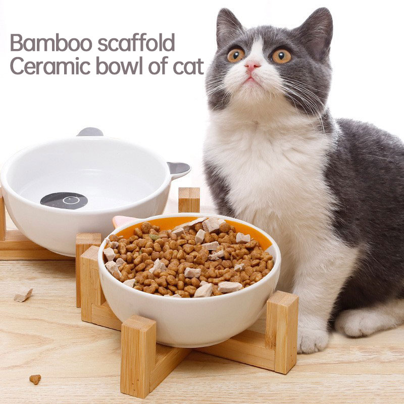 Double Ear Cartoon Ceramic Pet Bowl Bamboo Wooden Frame Matching Neck Bowl Dog Bowl Ceramic Cat Bowl — image 2