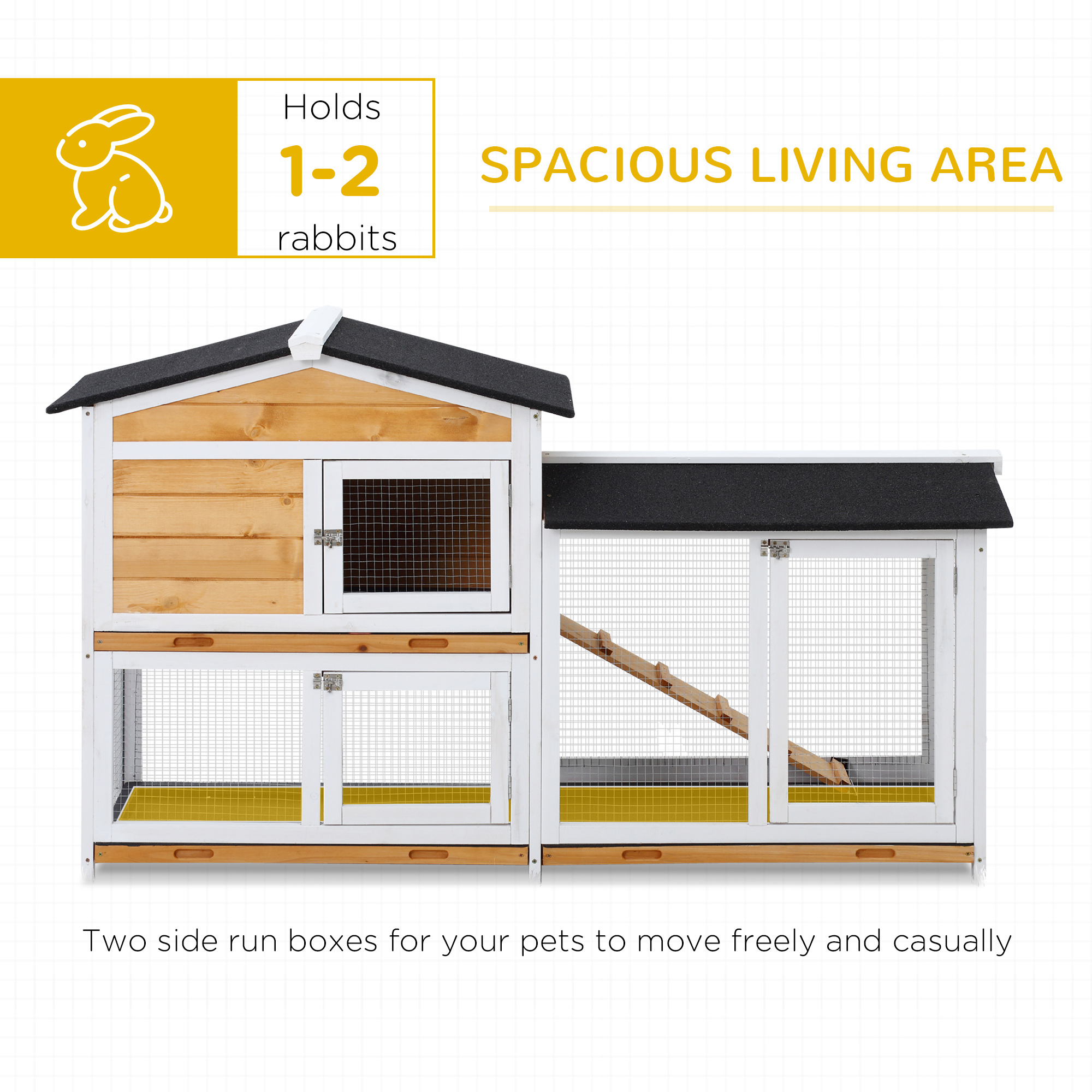 62" Rabbit Hutch, Wooden Bunny Hutch, Guinea Pig Cage, Small Animal Enclosure With Run Area, Removable Tray, Asphalt Roof, Lockable Doors And Ramp, For Rabbits, Chickens, Ducks, Nature Wood — imagen 2