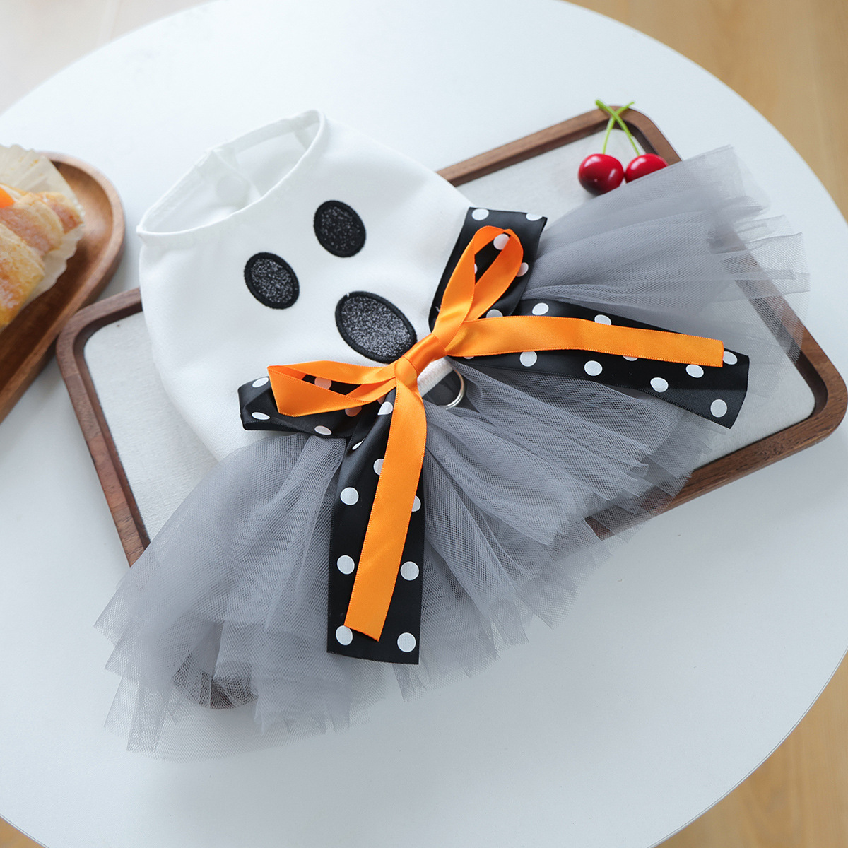 Ghost Face Ghost Polka Dot Bow Halloween Pet Tulle Dress for Maltese, Gray Mesh Festival Costume — image 5