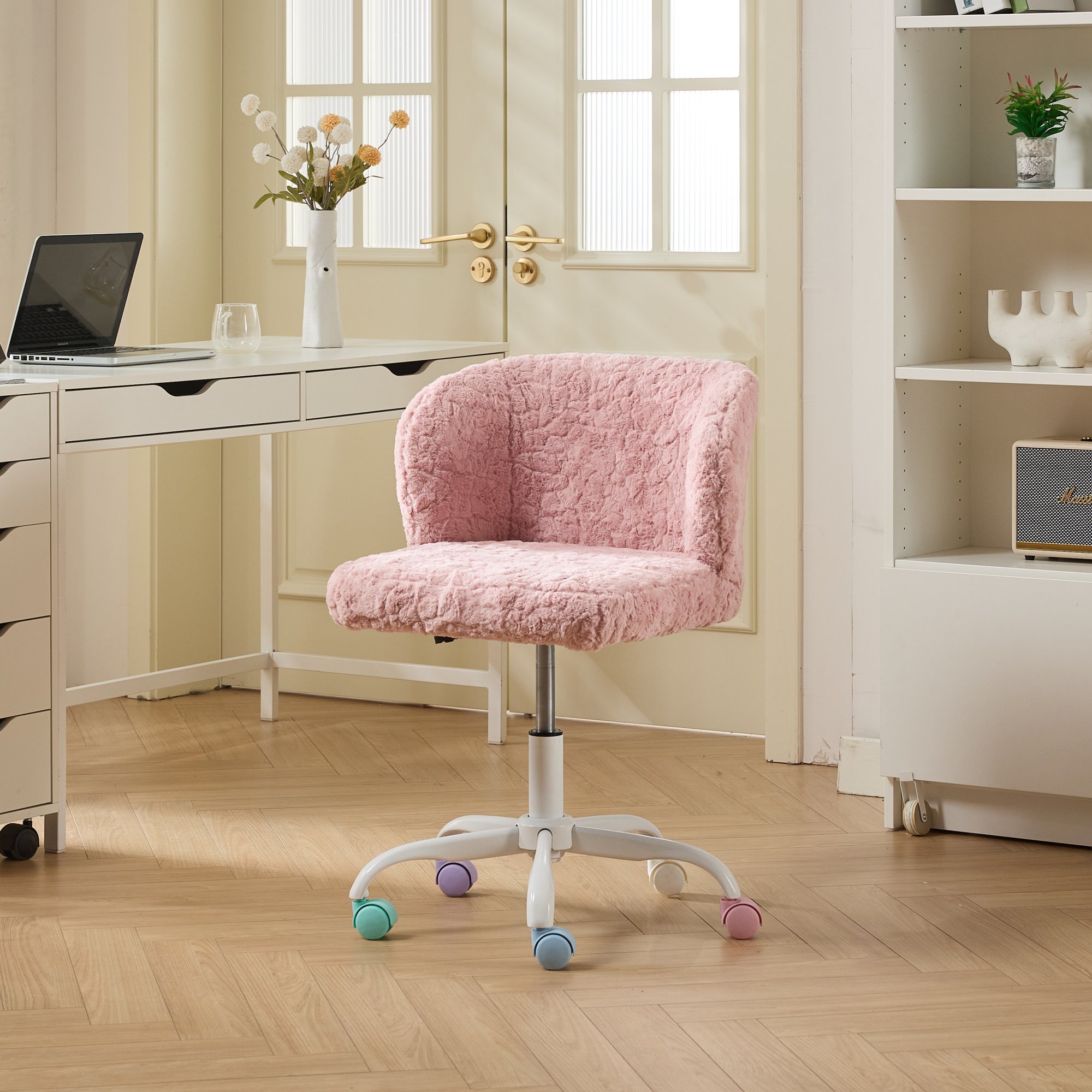 A & A Furniture Office Chair, Artificial Rabbit Hair Home Office Chair With Metal Base, Adjustable Desk Chair Swivel Office Chair, Vanity — image 1