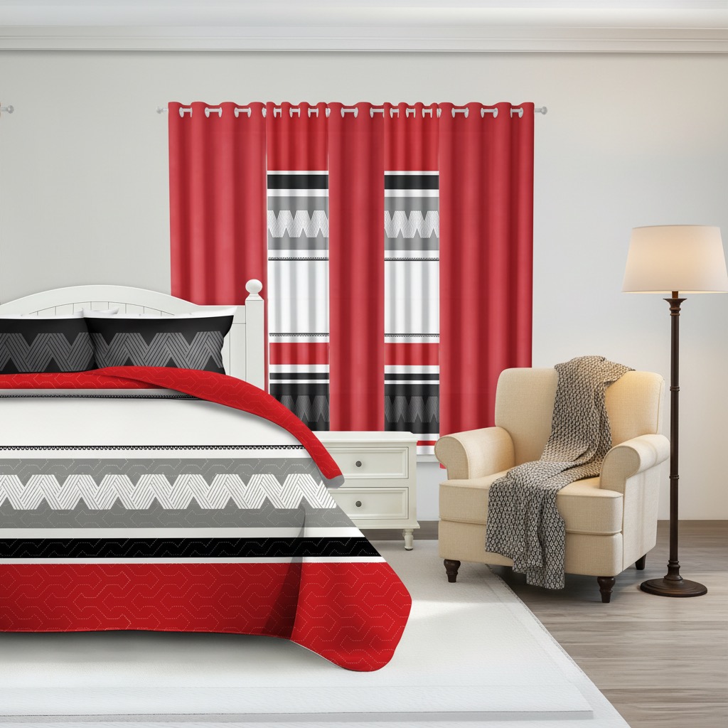 9 Piece Room In A Bag Quilt And Curtain Set, US Designer Red And Black Geometric Chevron Heavyweight Bedspread With 6 Customizable Window Panels, Pet-Friendly High GSM Coverlet — image 6