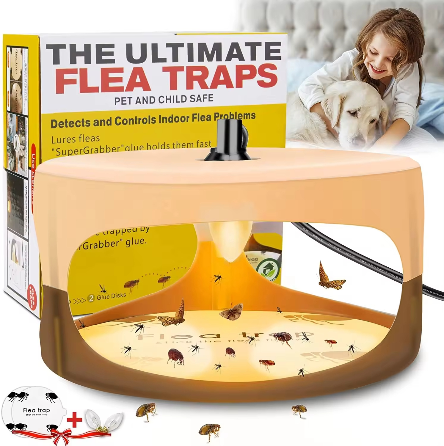 Flea Killer Trap with 2 Glue Discs Pad Bed Bug Trap Light Bulb Safe for Children Pet Dog Cat Best Control for Home House Inside — image 1