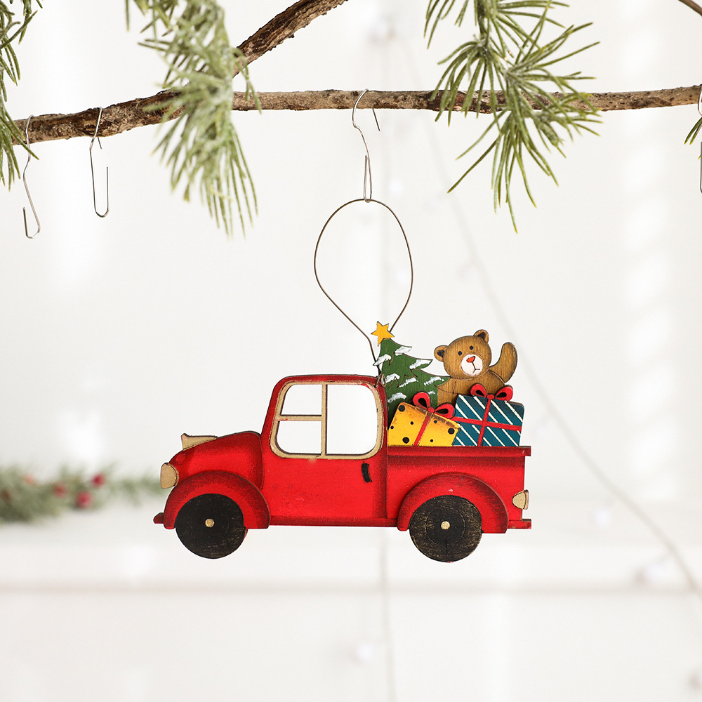 Christmas wooden pendant with painted Christmas patterns reindeer cars snowmen gifts Christmas tree decorations — image 4