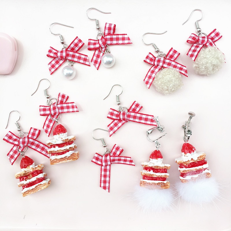 Pulseras de Pendientes en Forma de Pastel de Fresa con Estampado de Cuadros Rojo y Blanco, Clásico, para Mujer — imagen 2