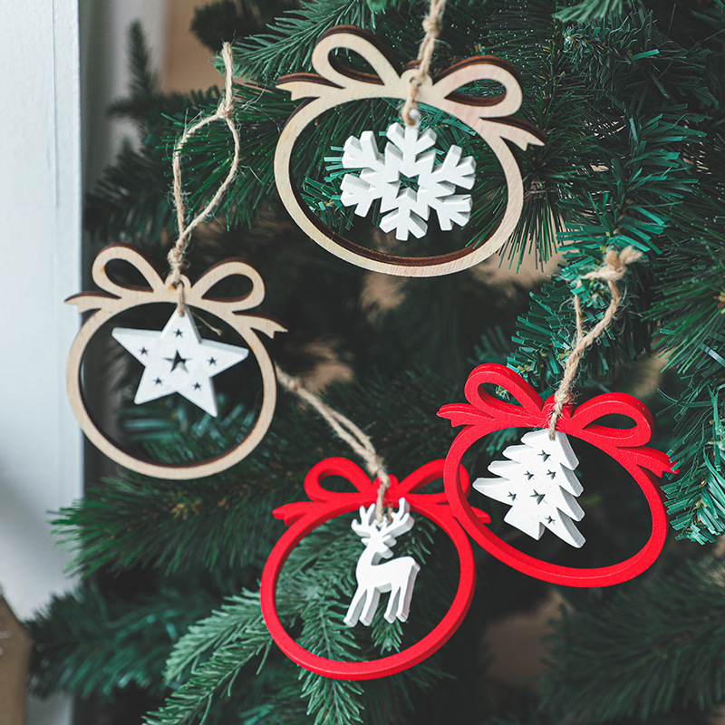 Christmas decorations, wooden Christmas hollowed out Christmas tree ornaments, wooden five pointed star reindeer snowflake ornaments — image 2