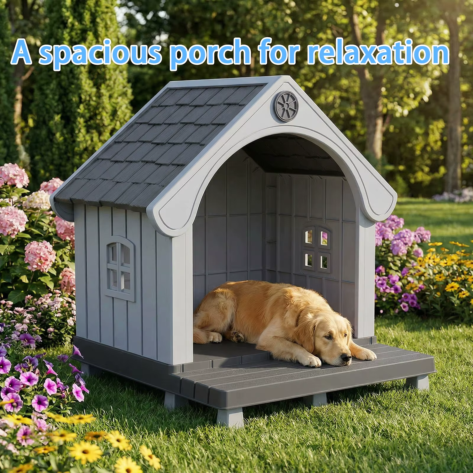 Elevated Resin Dog House with Sloped Roof, Weatherproof Outdoor Pet Shelter for Small Medium Dogs, All Season Backyard Dog Bed — image 5