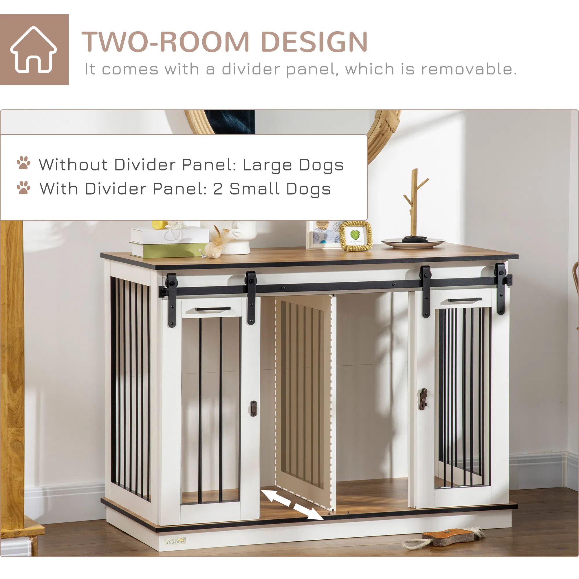 Dog Crate Furniture with Divider Panel, Wooden Dog Kennel TV Stand for Large Breeds, Pet House Side Table for 2 Small Breeds with 2 Rooms Design, 2 Sliding Doors, White — image 4