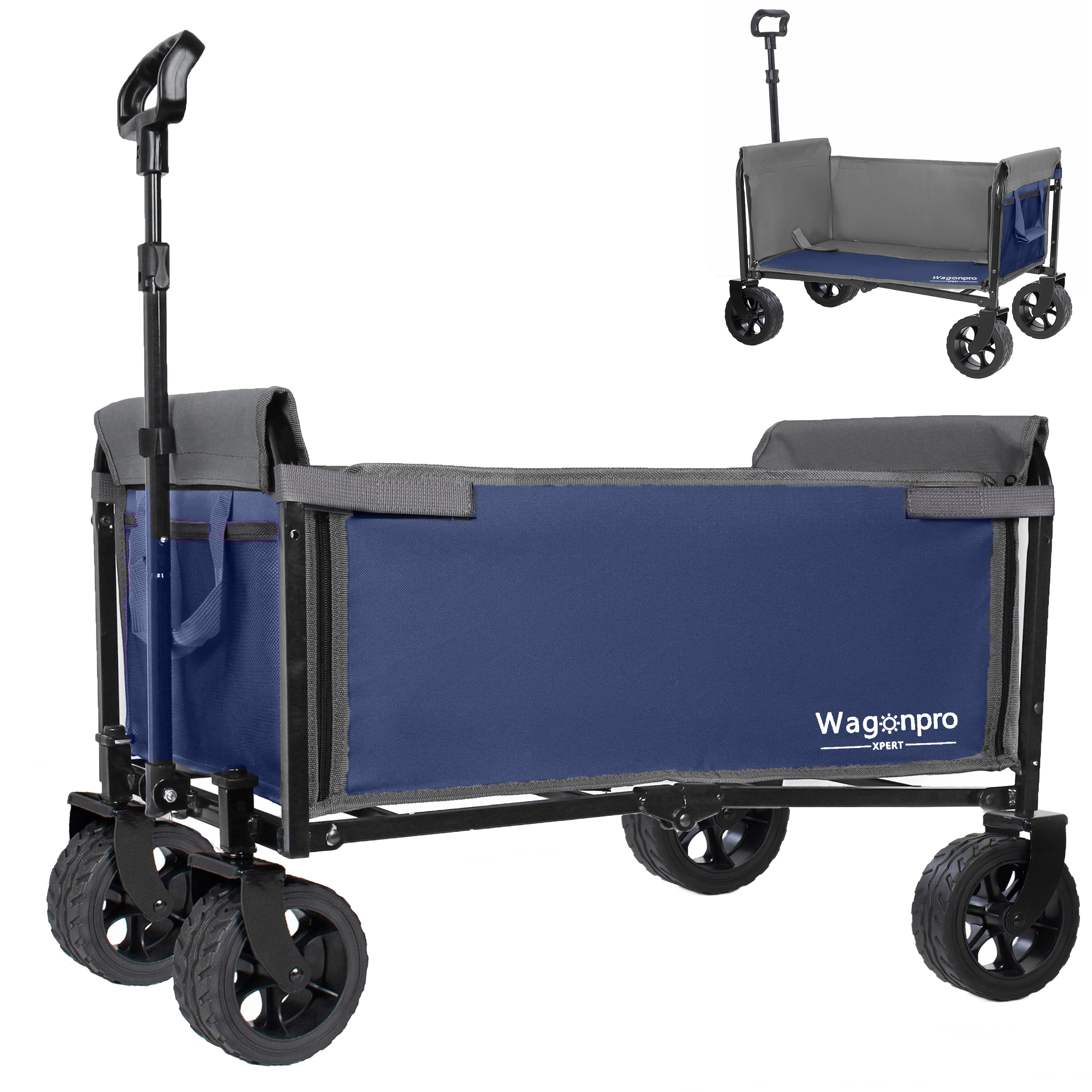 Upgraded 5x2 Wide Wheels All- In- One Convertible Folding Trolley With Full- Side Opening & Dog Leash Versatile Seating & Storage 220Lbs Capacity For Camping Beach Shopping Dark Blue — imagen 1