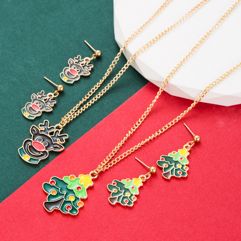 Christmas Earrings Elk Christmas Tree Necklace Earrings Set 2 Pieces Necklace Earrings — image 1