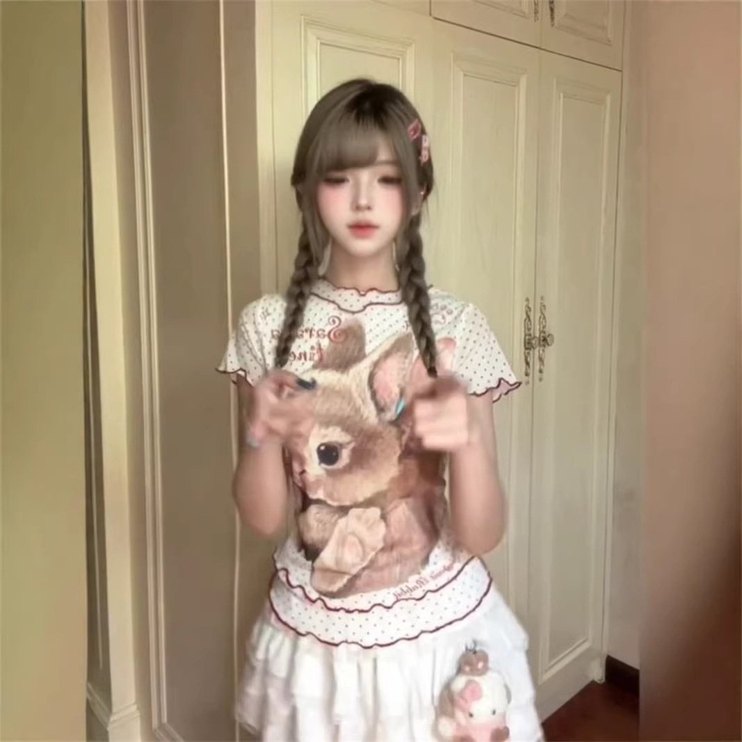 Cute Rabbit Print Short Sleeve T-Shirt for Women — image 3