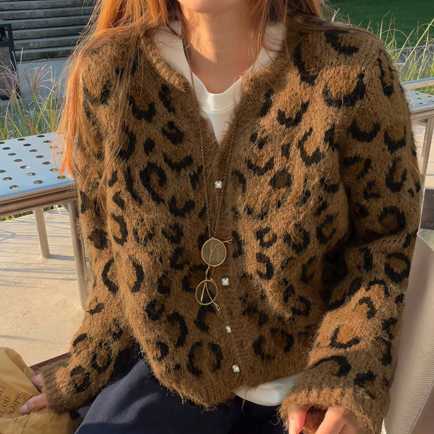 Laid-back Leopard Print Melange Cardigan Sweater, Retro Short Slim Fit Outerwear — image 1