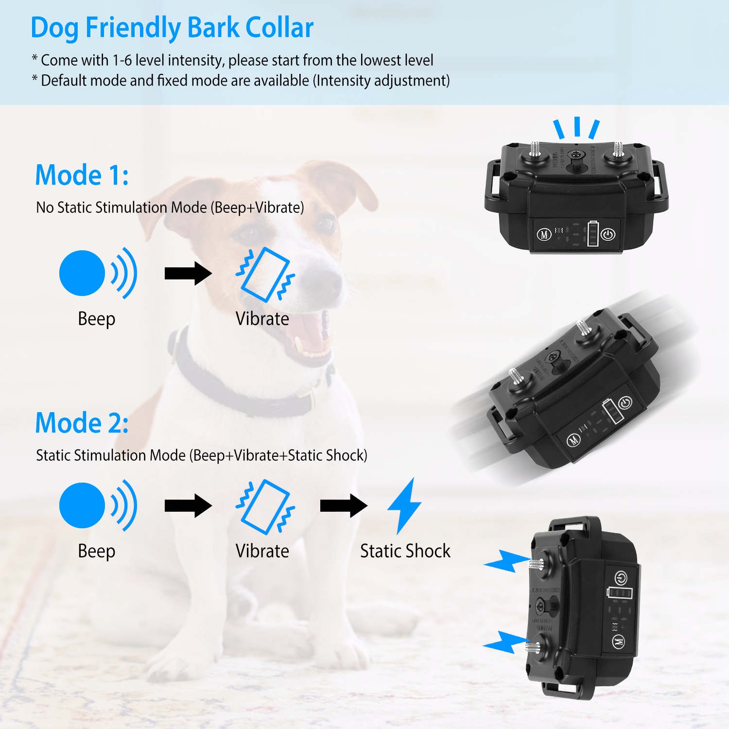 Collar de Silbido para Perros Rechargeable Impermeable Silbido Vibración Estímulo Estático Parada Automática de Ladridos Identificación Inteligente con 6 Modos de Intensidad Doble — imagen 6