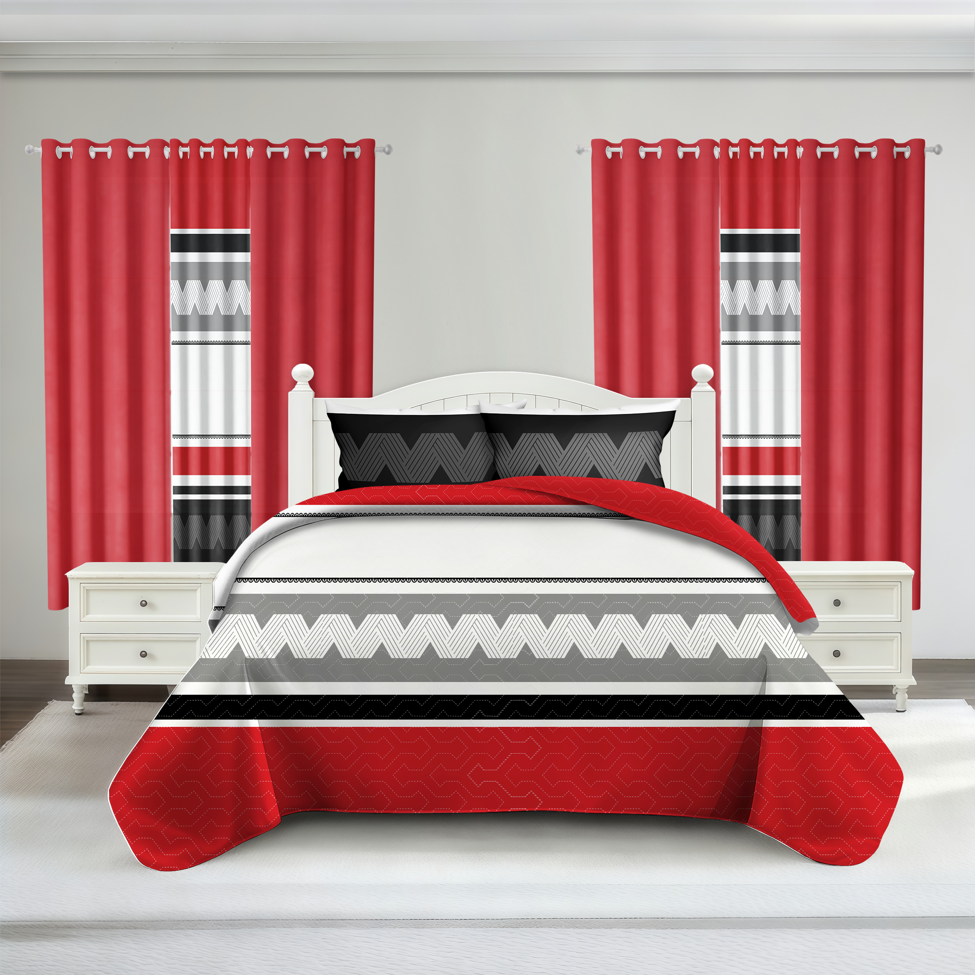 9 Piece Room In A Bag Quilt And Curtain Set, US Designer Red And Black Geometric Chevron Heavyweight Bedspread With 6 Customizable Window Panels, Pet-Friendly High GSM Coverlet — image 10