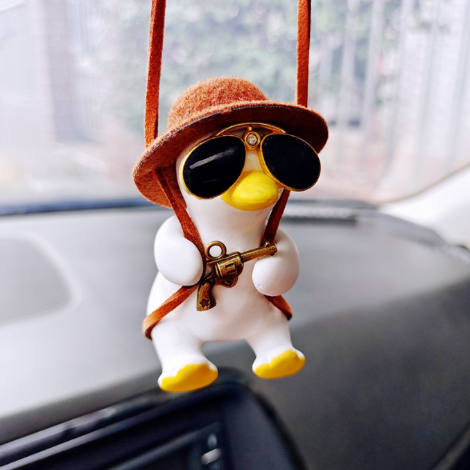 Handgun Cowboy Duck Car Rearview Mirror Pendant Decoration Super Cool Left Wheel Handgun Duck Anime Car Decoration Pendant Swing — image 2