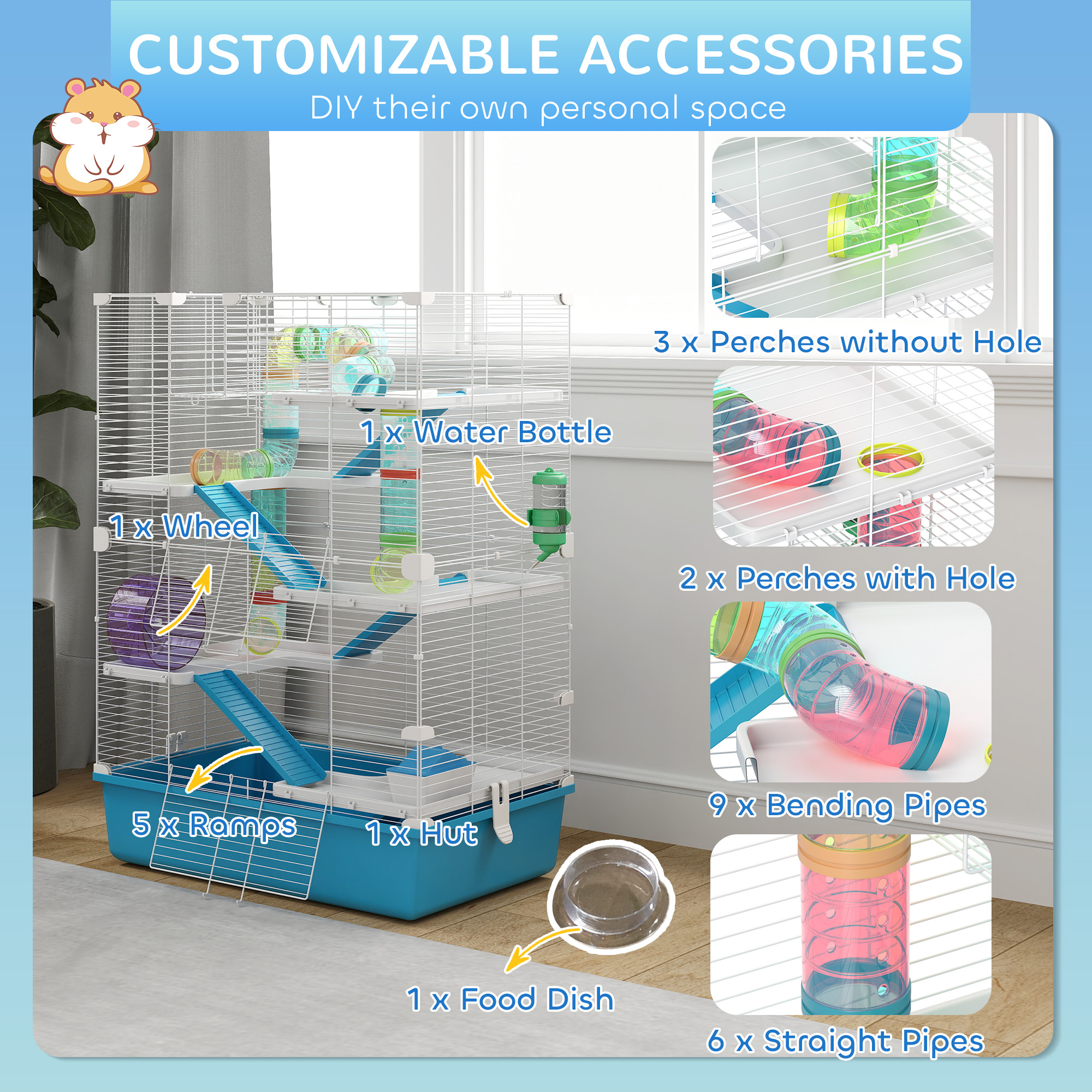 6 Tier Hamster Cage with Tubes and Tunnels, Hut, Wheel, Food Dish, Water Bottle, Ramps, for Dwarf & Gerbil, Light Blue — image 7
