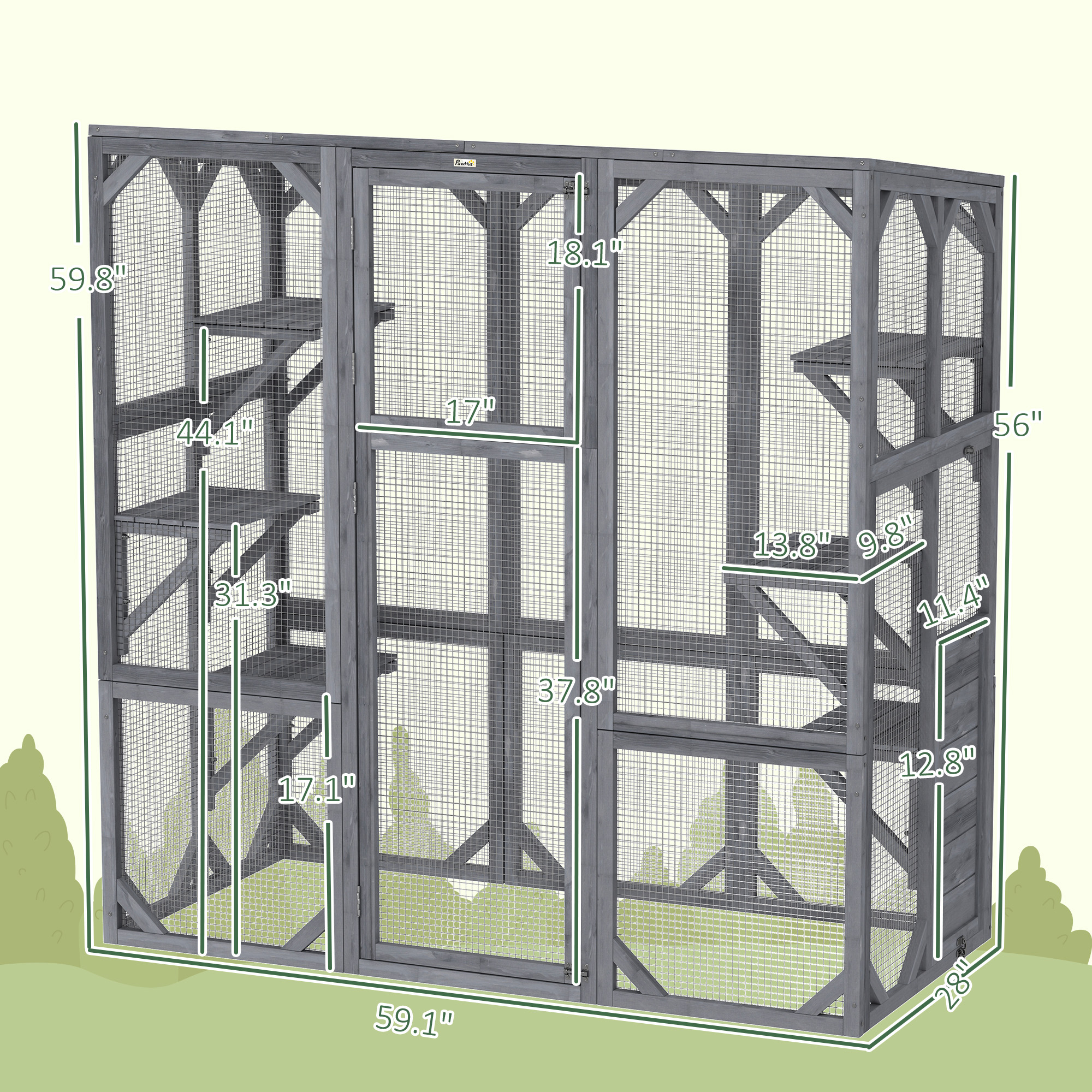 Catio Exterior Grande de Madera con 6 Plataformas Saltarinas, Techo Resistentes al Tiempo, para 1-3 Gatos, 59" x 28" x 60", Gris — imagen 6