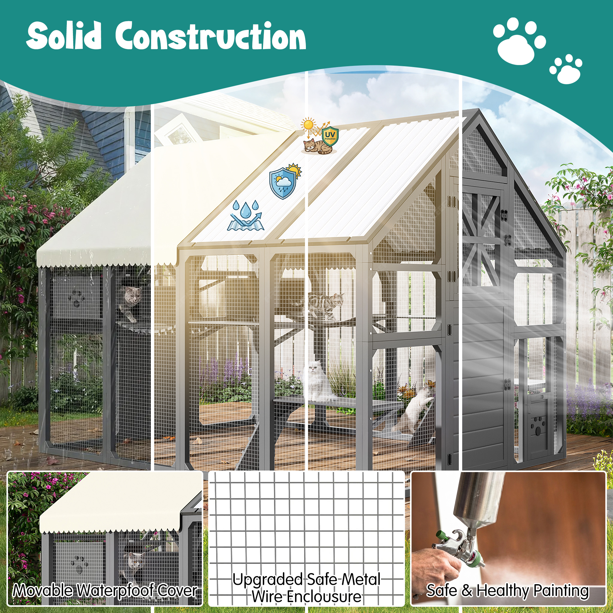 Extra Large Catio Outdoor Cat Enclosure, Walk-in Outdoor Pet House For Multiple Cats, Catio Cat Run Cage With Bridges, PVC Roof, Weatherproof Cover, 8 Platforms, 2 Resting Box, Grey — image 2