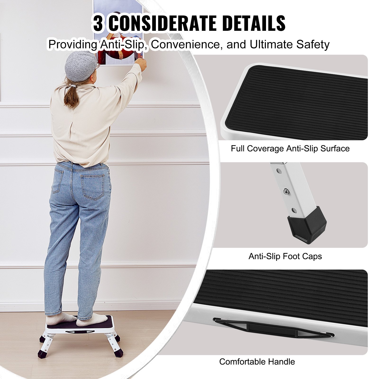 Elevador de 1 paso con capacidad de 330 lbs, peldaño metálico plegable ajustable en 3 alturas, escaleras portátiles para adultos y niños, suelas antideslizantes seguras para oficinas, RV, mascotas, baños y dormitorios — imagen 3