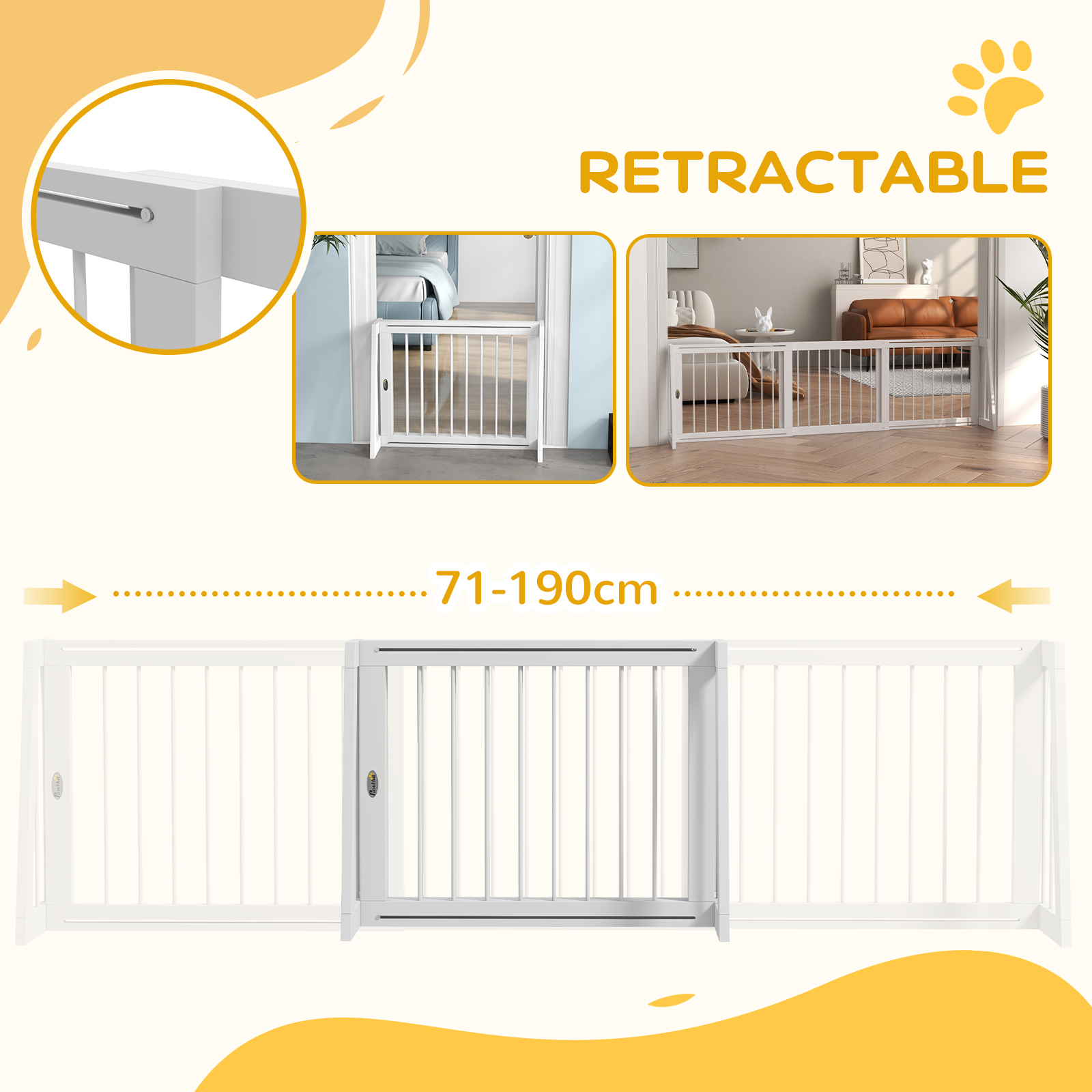 28"-75" Freestanding Wooden Pet Gate with Support Feet & Non-Slip Mats for Indoor, Stairway, Doorway, White — image 7