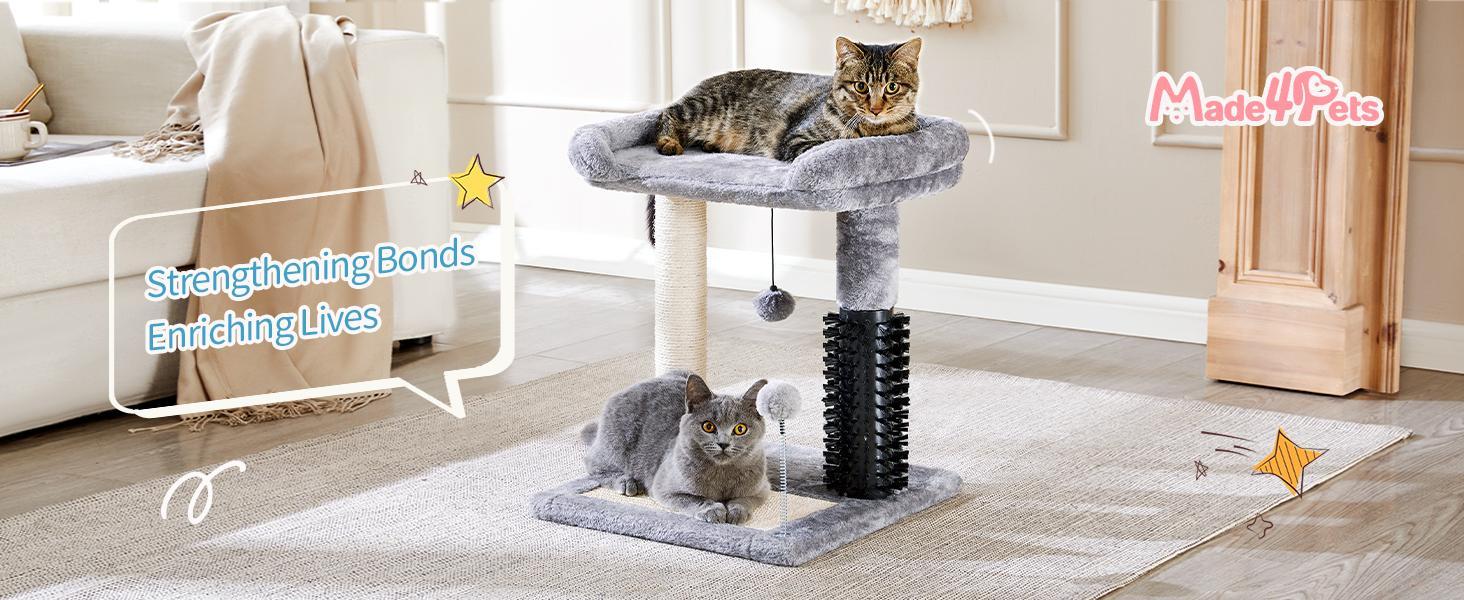 Árbol de Gato 4 en 1 Pequeño con Pelo Natural y Cepillo para Autogroomado, Poste de Escarbar Sisal y Colgantes para Entretener a los Gatos Indómitos — imagen 3
