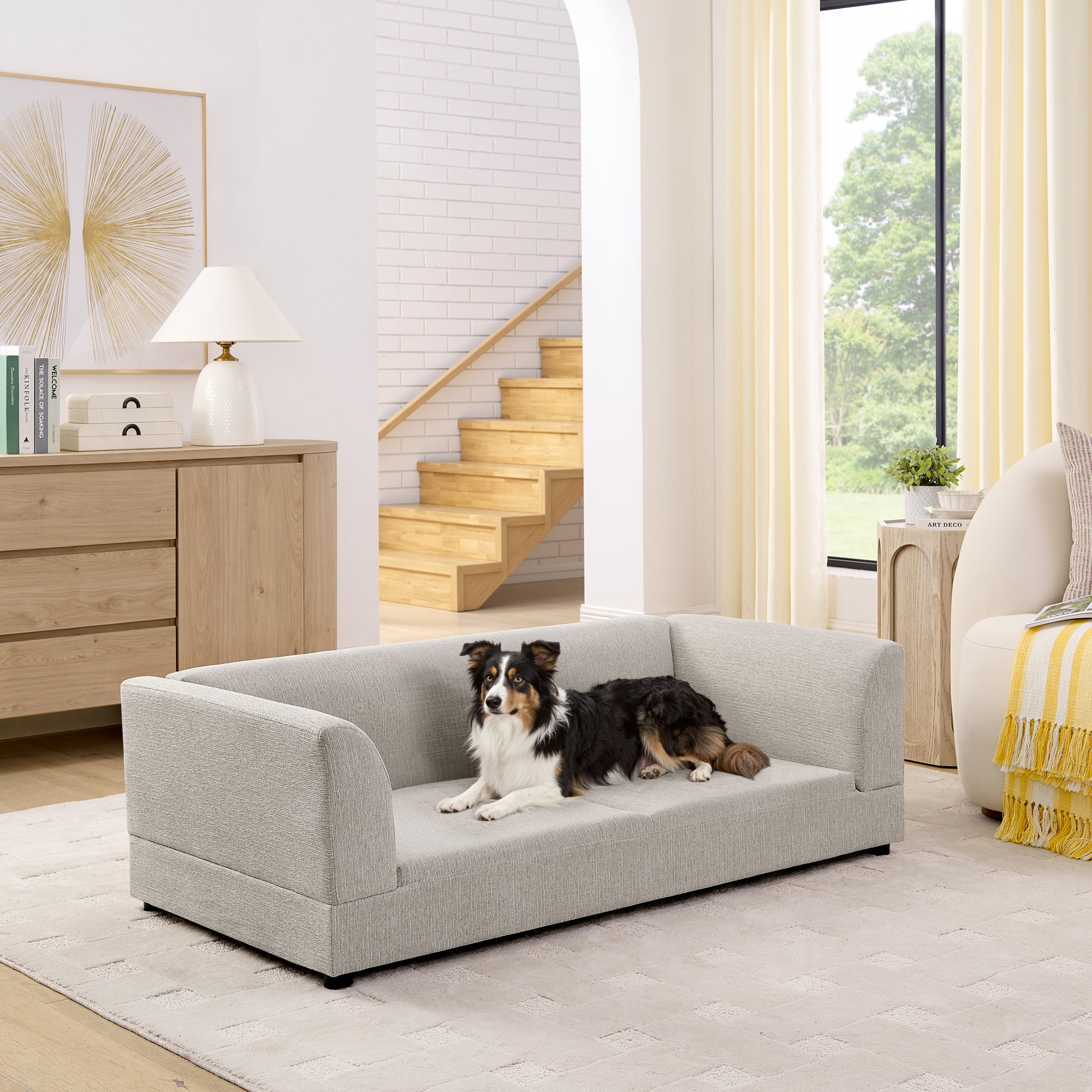 Sofá para Perros Grandes y Medianos: Diseño Moderno Rectangular con Espaldar, Manijas y Almohadilla Suave - Beige 56.5"*26"*17" — imagen 3