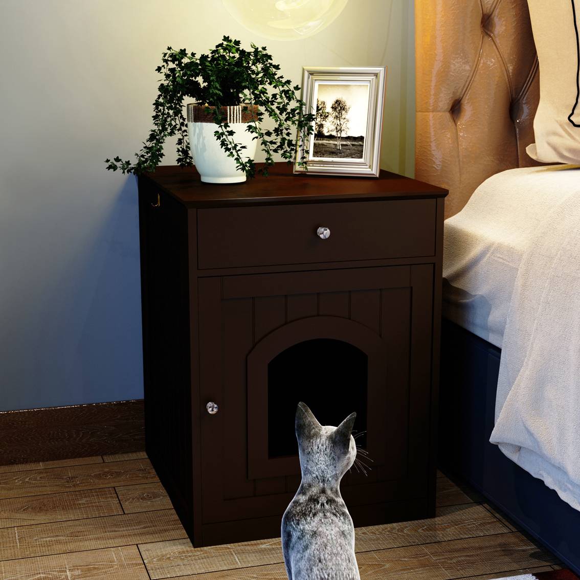 Wooden Pet House Cat Litter Box Enclosure With Drawer, Side Table Indoor Pet Crate — image 5