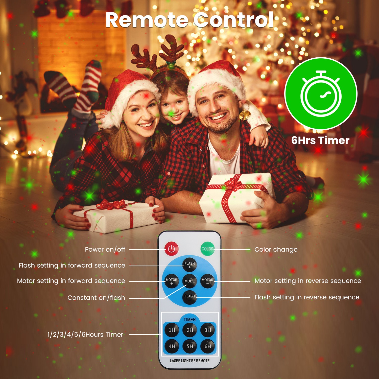 Proyector de Láser Exterior con Proyección Roja y Verde, 3 Modos, 12 Velocidades, 6Hrs Cronómetro IP44 Resistentes a Agua, Fuego de Luciérnaga para Navidad, Halloween, Festividades — imagen 2