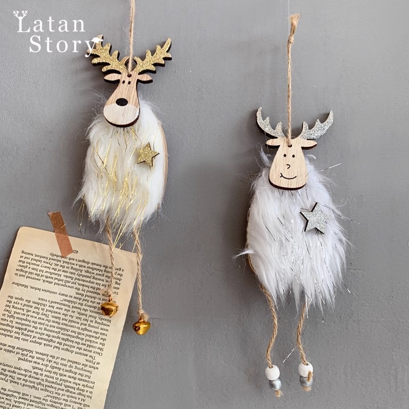 Creative Reindeer Ornament for Christmas Decoration, Plush Wooden Reindeer Craft Hanging Decor — image 1