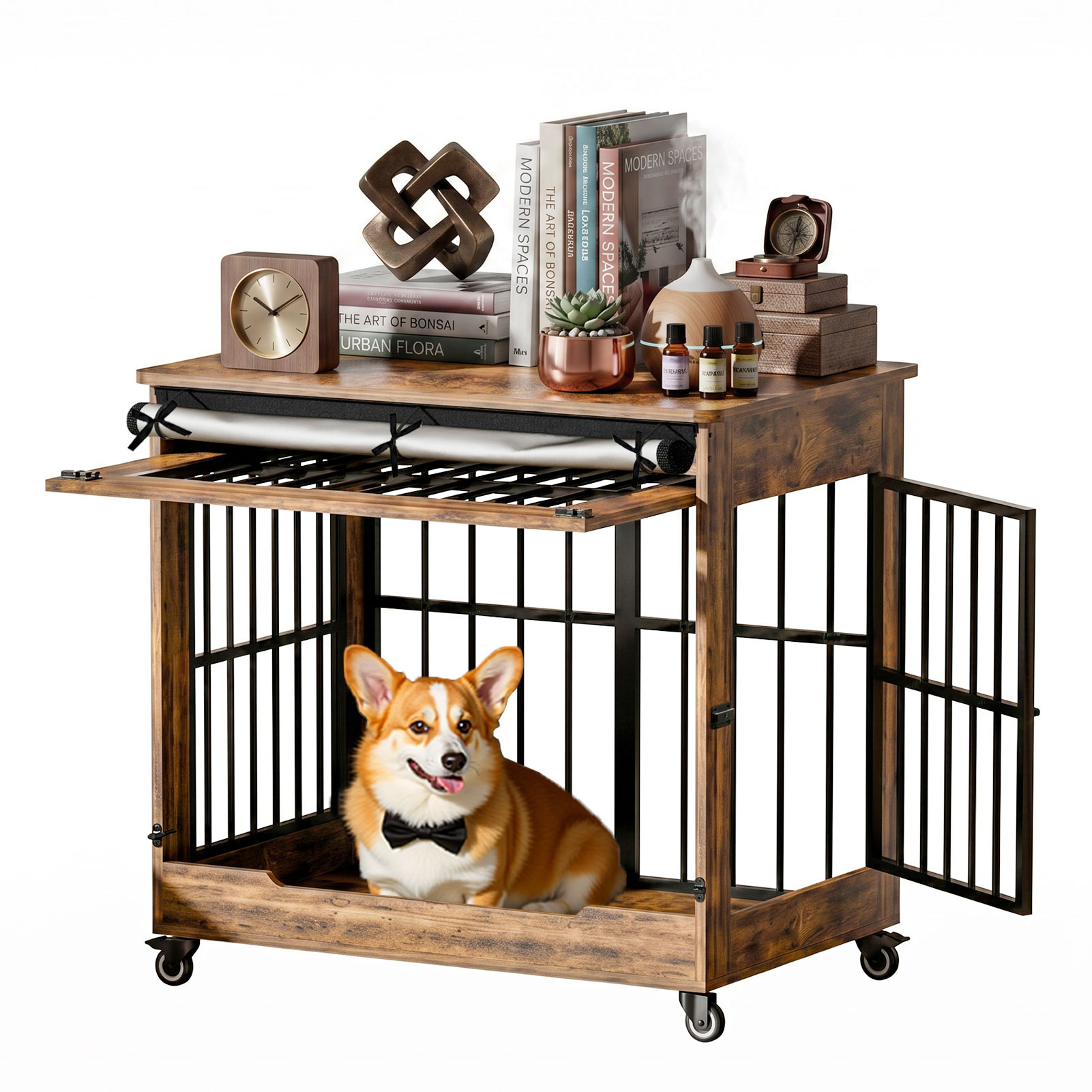 Dog Crate Furniture, Double Door Wooden Indoor Dog Kennel Furniture, Decorative Pet Cage End Table With Wheels For Medium And Small Breed Dogs, Size M, Greige — image 31