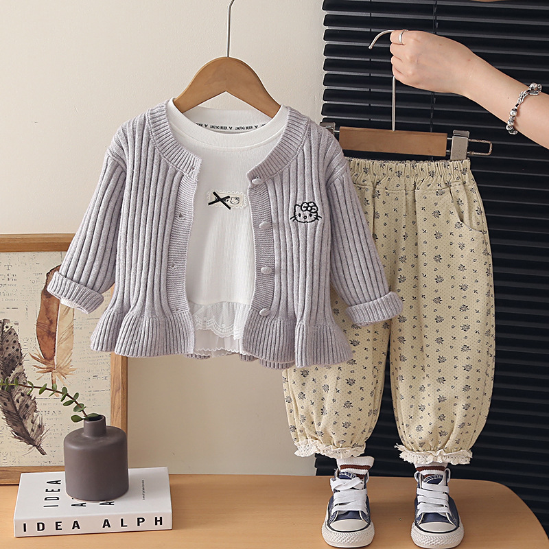 Girls 3 Piece Knit Sweater Set, Embroidered Cat Vertical Striped Cardigan Pants Outfit for 0-4 Years Old — image 4