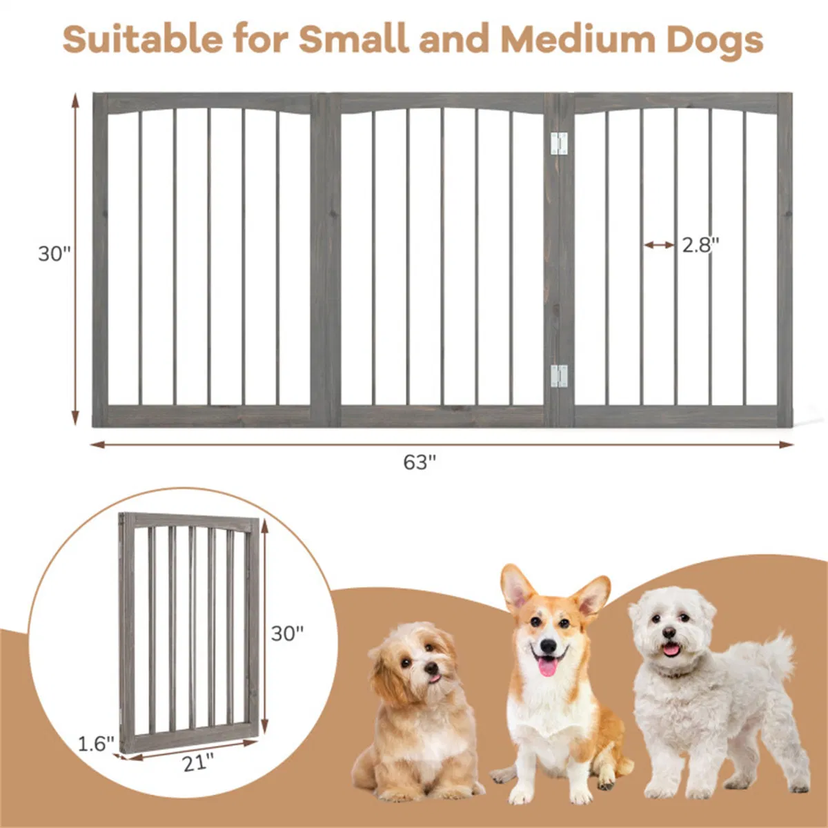 63" x 30" Gray Wooden Pet Fence — image 4
