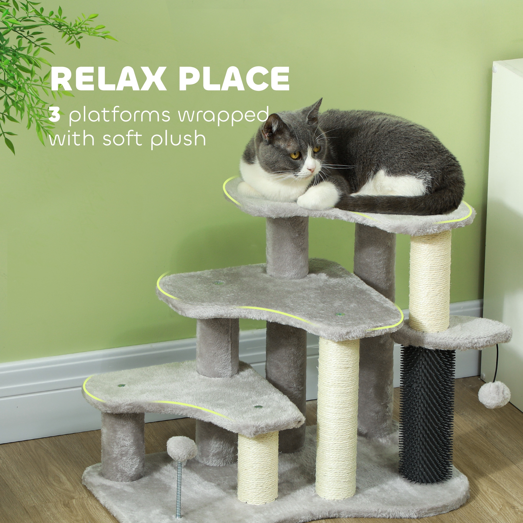 Torre Rascador para Gatos 2 en 1 Escaleras de 3 Escalones con Postes Rascadores, Poste de Cosquillas y Bolas de Juguete, para Camas Altas y Sofás — imagen 8