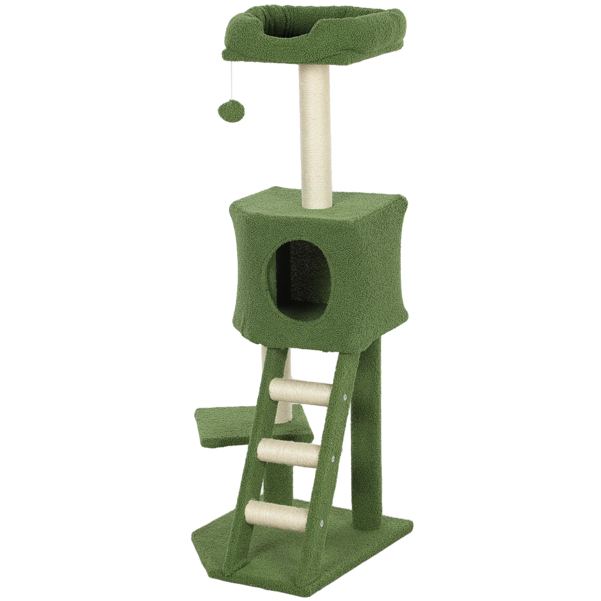 47" Tall Cat Tree Tower with Condo, Ladder, Scratching Posts and Hanging Ball, Green — image 1