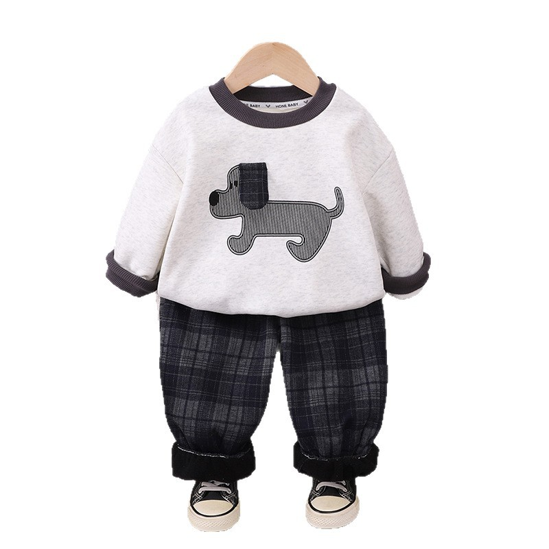 Stylish Boys Autumn Winter Fleece-Lined Dog Print Hoodie Set — image 5