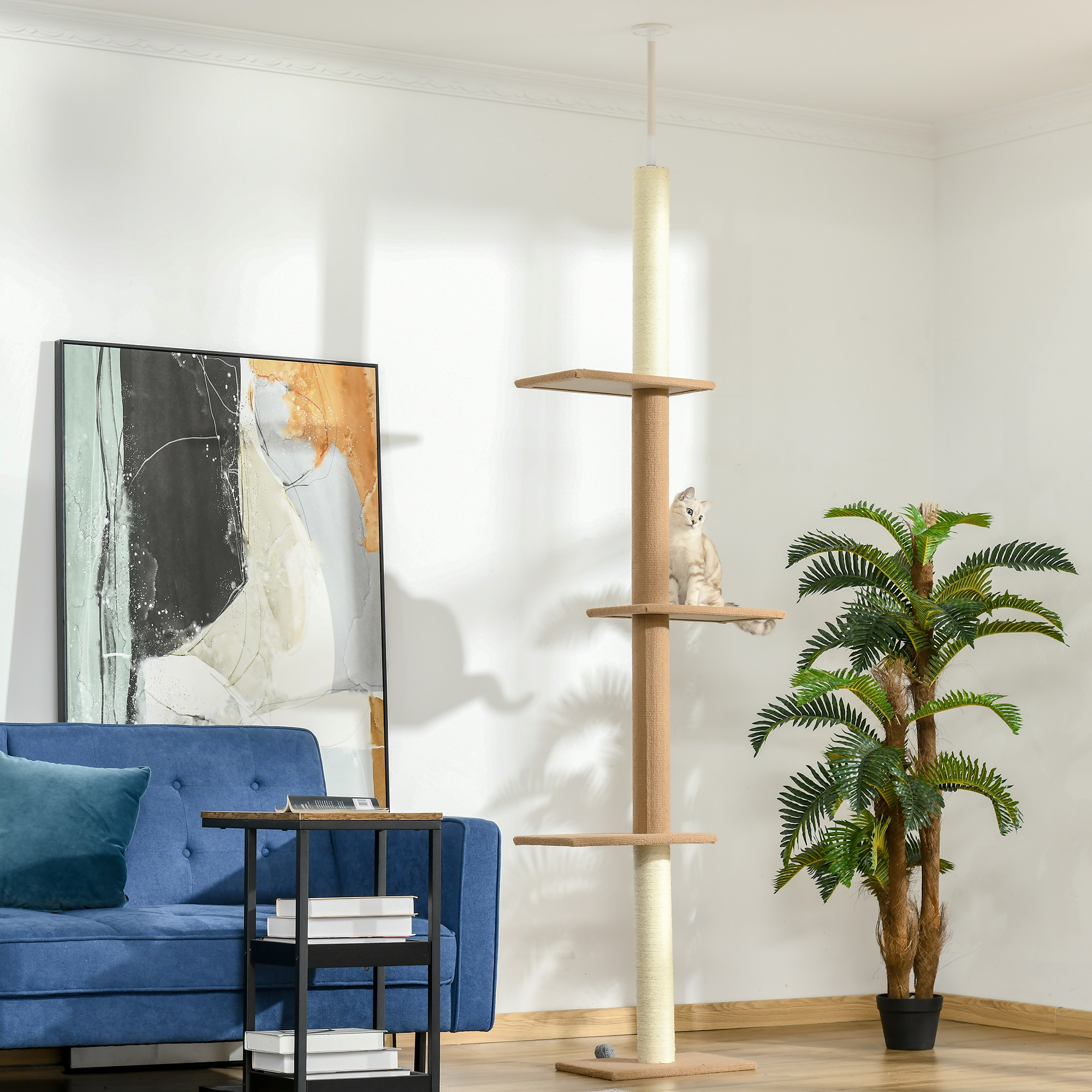 Árbol de Gatos desde el Suelo hasta el Techo con Postes de Rastrillado en Piel de Sisal Centro de Actividad para Gatos Naturales, Color Madera Claro — imagen 4