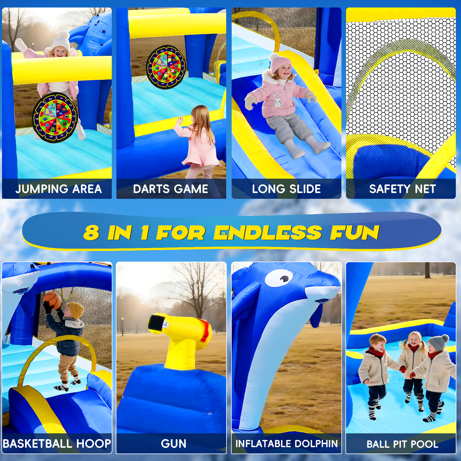 8 en 1 Parque de agua inflable con tobogán, trampolín y casa de bolas para jardín o patio exterior con delfín regador & juegos de blanco & pistola de agua & balón de básquetbol — imagen 4