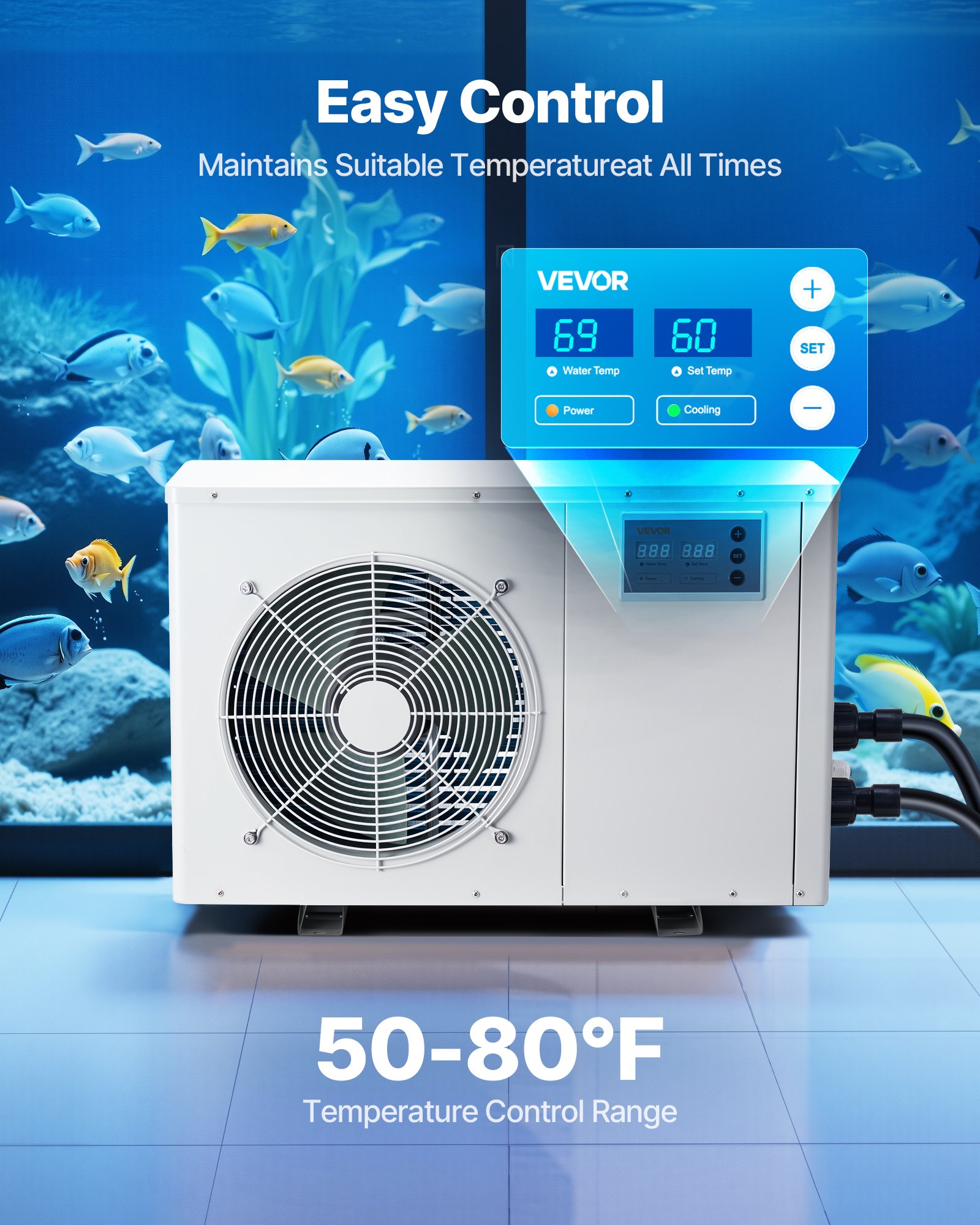 Aquarium Chiller 150 Gallon, 1/2 HP Water Chiller For Hydroponics, Fast Cooling For Fish Tank, Axolotl, Coral Reef, Quiet Refrigeration Compressor, Titanium Evaporator, Complete Fittings — imagen 4