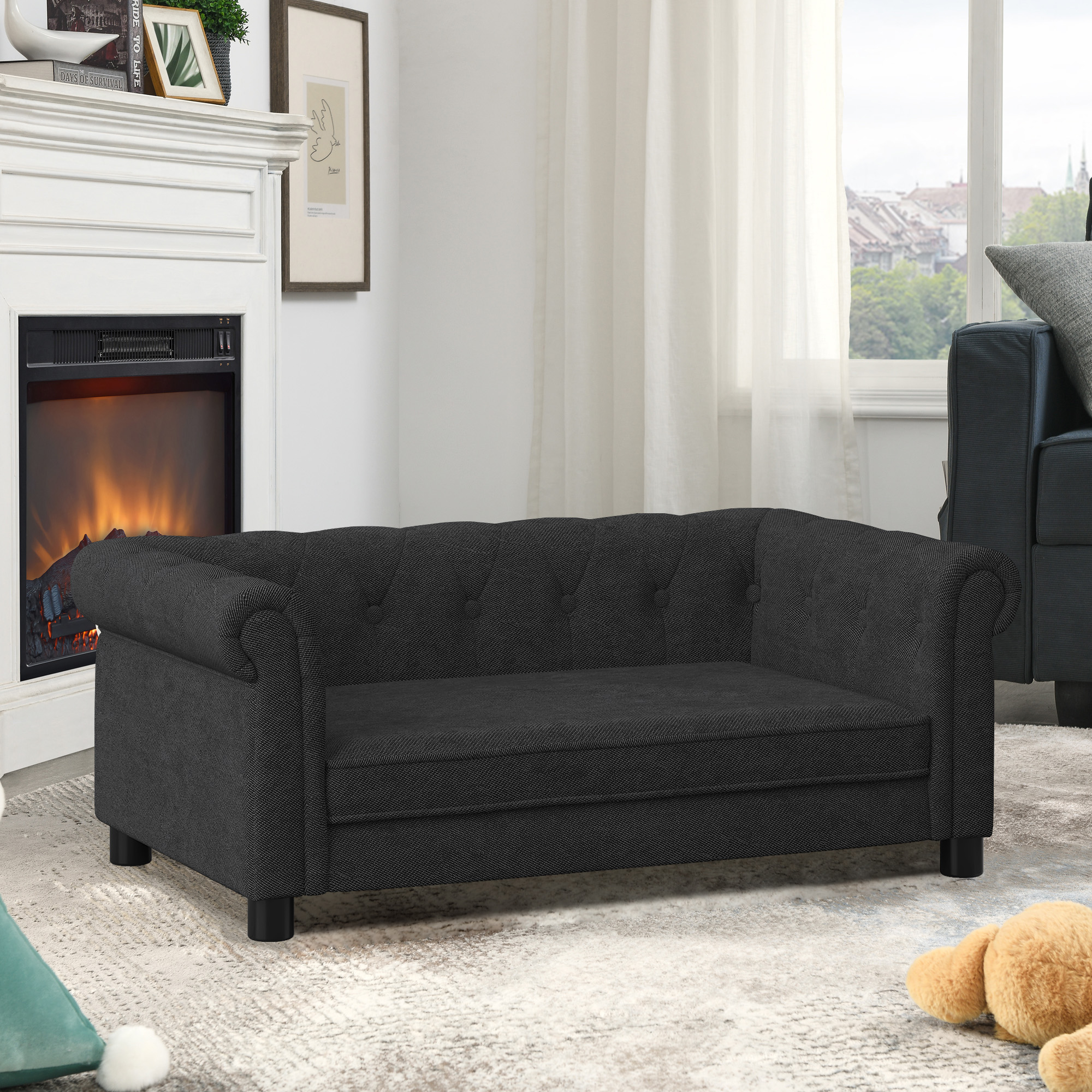 Sofá de Perro Elevado Rectangular para Pequeños y Medianos, Durable Sofa para Mascotas con Funda de Lino Moderno, Negra — imagen 2