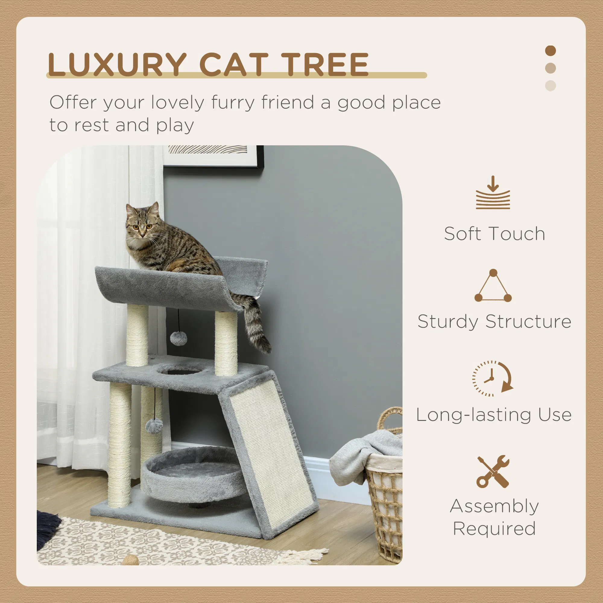 Small Cat Tree with Perch, Scratching Posts, Pad, Bed, Toy Balls, Light Grey — image 2